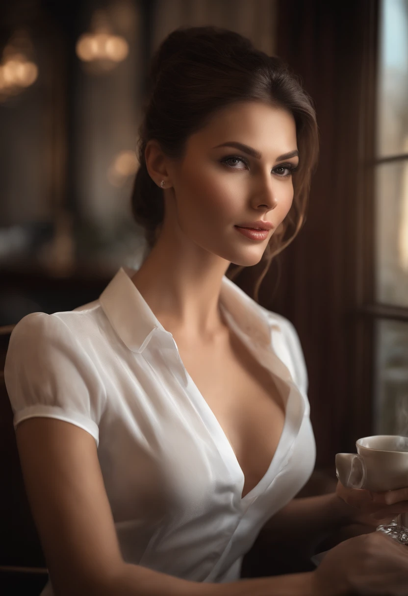 (Ssee-through) A gorgeous sexy brunette woman perfect 23 year old secretary straight hair with oily ponytail silky white skin (humide) fleshy lips, (photoreallistic:photoreallistic, 8K masterpiece), Chambre avec une chemise blanche maigre (Faits saillants des seins), Sit at a table in the restaurant，holding a coffee cup (Hyperrealistic: Realstic, Environments with intricate details),  Traits sexy sur le visage: (texture & Environment Professional photography Pure and perfect lighting).