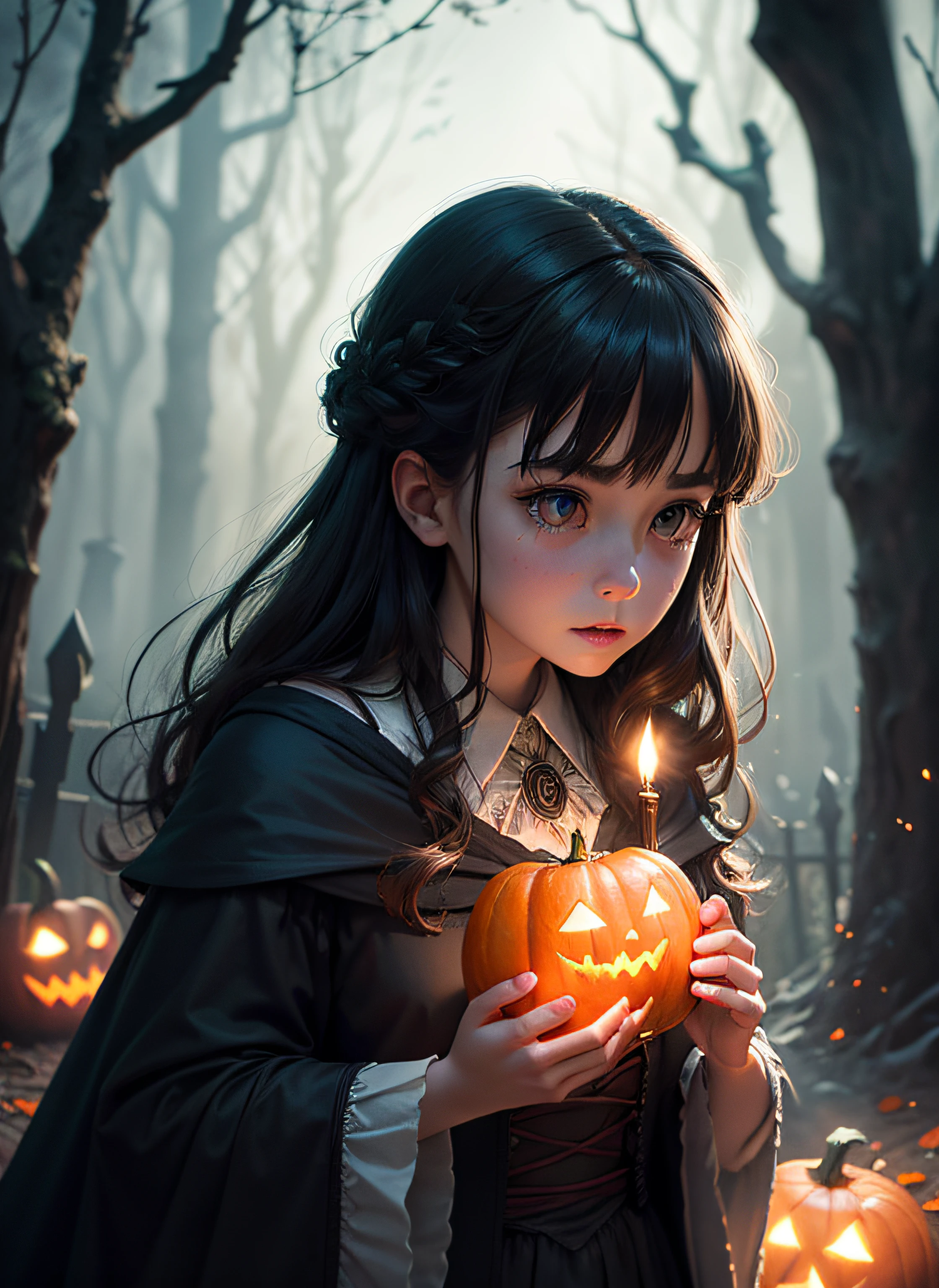 Generate high-resolution images that evoke a magical Halloween atmosphere with a distinct Harry Potter aesthetic. The scenes should be both unique and beautiful, featuring enchanting landscapes, spellbinding wizardry, and iconic elements from the Harry Potter universe such as wands, broomsticks, owls, and Hogwarts Castle.Please ensure that the images possess an ultra-realistic quality with sharp details, vibrant colors, and excellent lighting. Enhance their photo quality to make them appear as if they were captured by a professional photographer. Emphasize the magical essence of the scenes by adding soft, ethereal lighting and a touch of cinematic depth.Feel free to include Halloween elements like pumpkins, bats, haunted forests, and ghostly apparitions. Ensure that each image is a work of art that captures the essence of both Halloween and the world of Harry Potter.