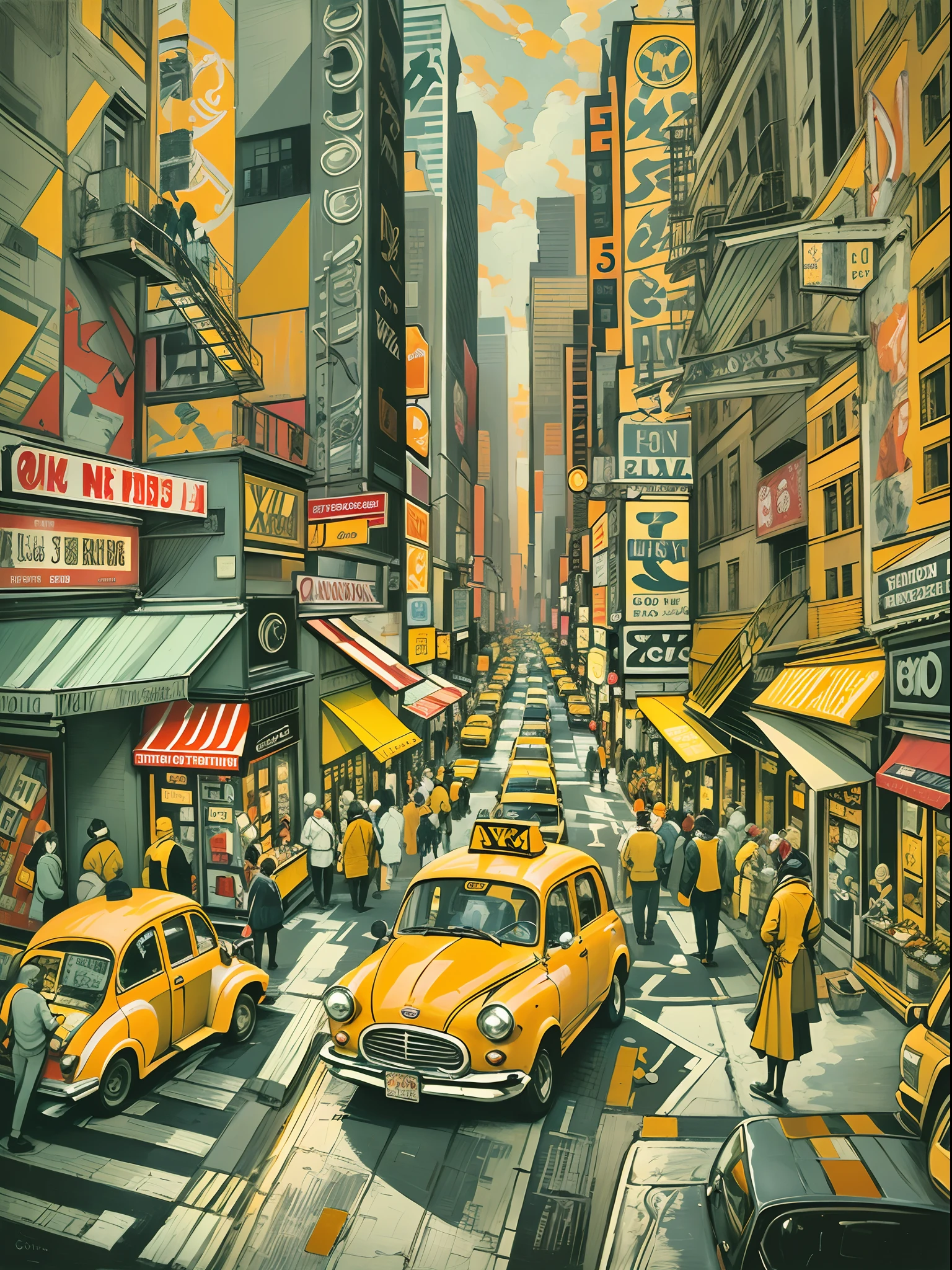 Cubist painting of a busy New York city street with different perspectives of people and shops, yellow taxi cabs and cars in street.