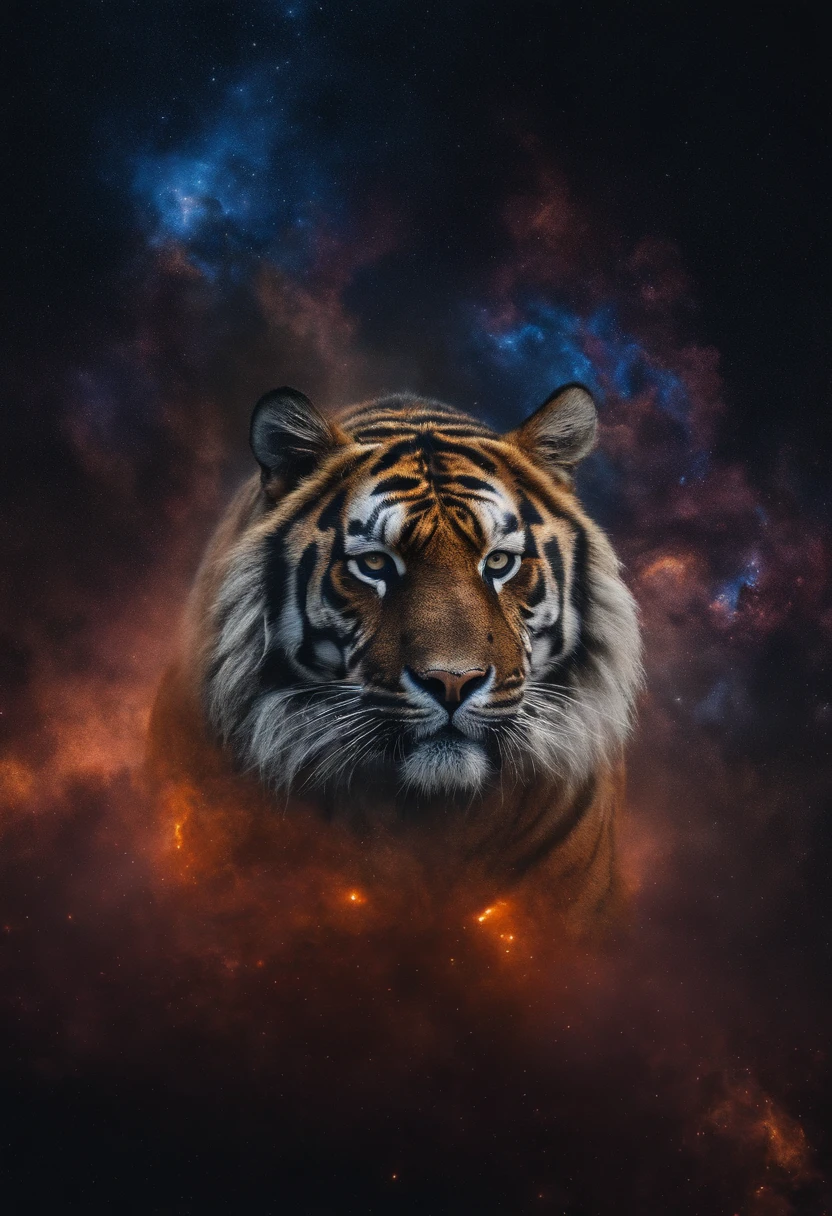 1 tigre,a photograph Galaxies, espirais, outer space, Nebulosas, estrelas, smoke billowing,espatacular imagem, detalhe intrincado, na forma de um tigre, octane rendering, 8k hiper realista, Textura realista, Unreal Natural Lighting Engine, cinestill 800, (mola a 35mm | | | |)