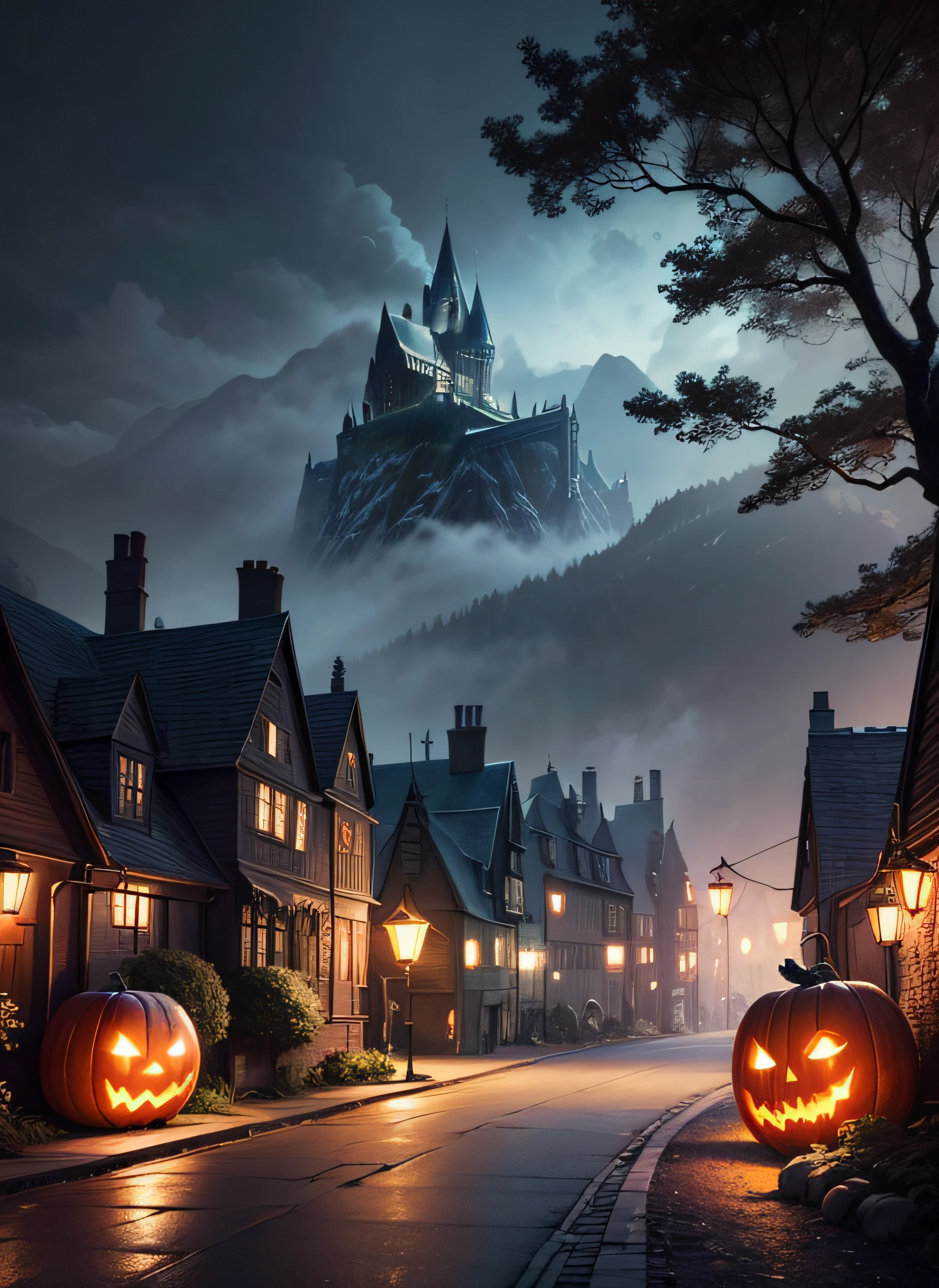 Generate high-resolution images that evoke a magical Halloween atmosphere with a distinct Harry Potter aesthetic. The scenes should be both unique and beautiful, featuring enchanting landscapes, spellbinding wizardry, and iconic elements from the Harry Potter universe such as wands, broomsticks, owls, and Hogwarts Castle.Please ensure that the images possess an ultra-realistic quality with sharp details, vibrant colors, and excellent lighting. Enhance their photo quality to make them appear as if they were captured by a professional photographer. Emphasize the magical essence of the scenes by adding soft, ethereal lighting and a touch of cinematic depth.Feel free to include Halloween elements like pumpkins, bats, haunted forests, and ghostly apparitions. Ensure that each image is a work of art that captures the essence of both Halloween and the world of Harry Potter.