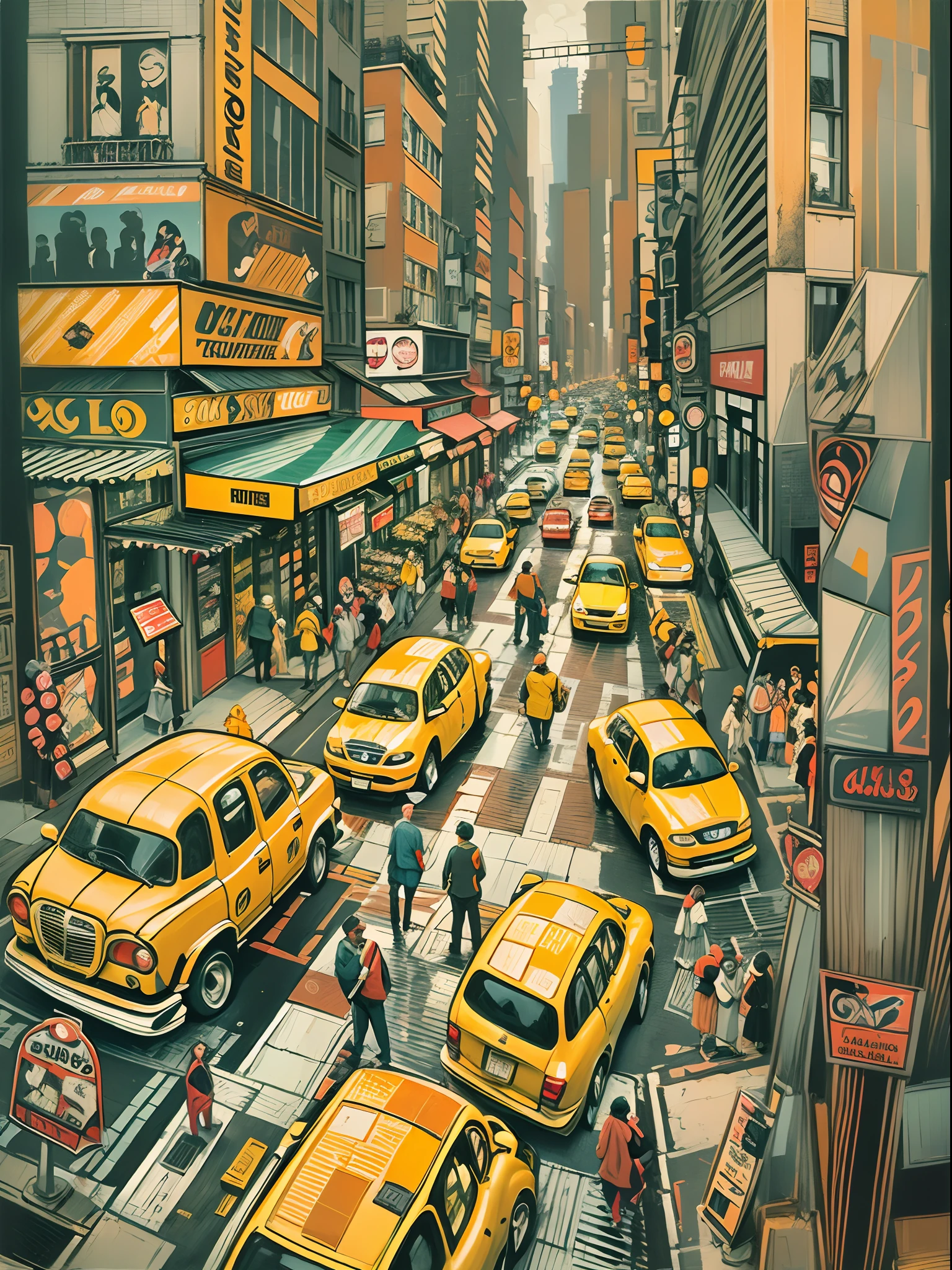 Cubist painting of a busy New York city street with different perspectives of people and shops, yellow taxi cabs and cars in street.