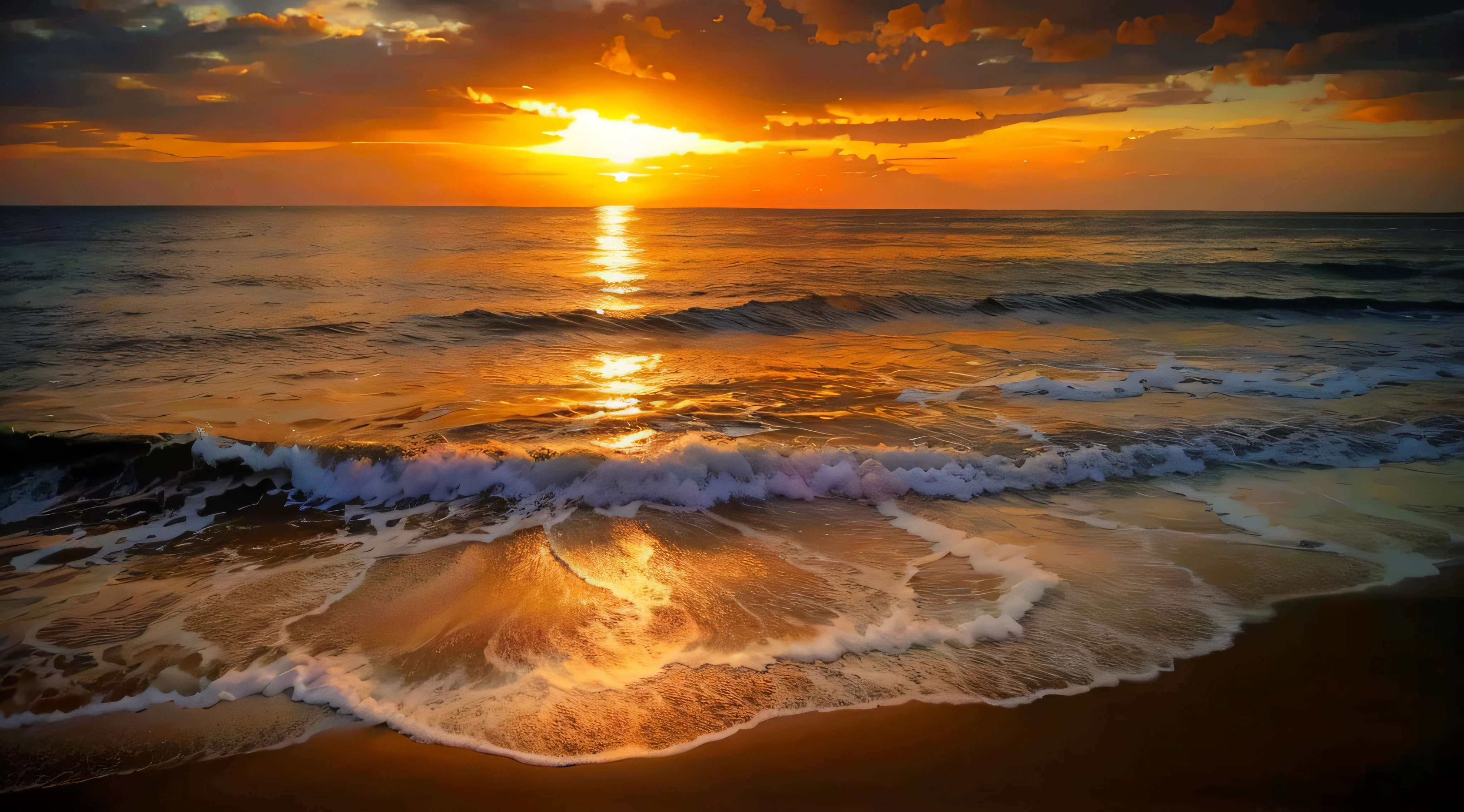 An absolutely mesmerizing sunset on the beach, with a mix of orange, pink, and yellow in the sky. The water is crystal clear, gently kisses the coast, and the white sand is endless. The scene is dynamic and breathtaking, with seagulls soaring high in the sky and palm trees swaying softly. Immerse yourself in the calm atmosphere and let the serenity surround you.