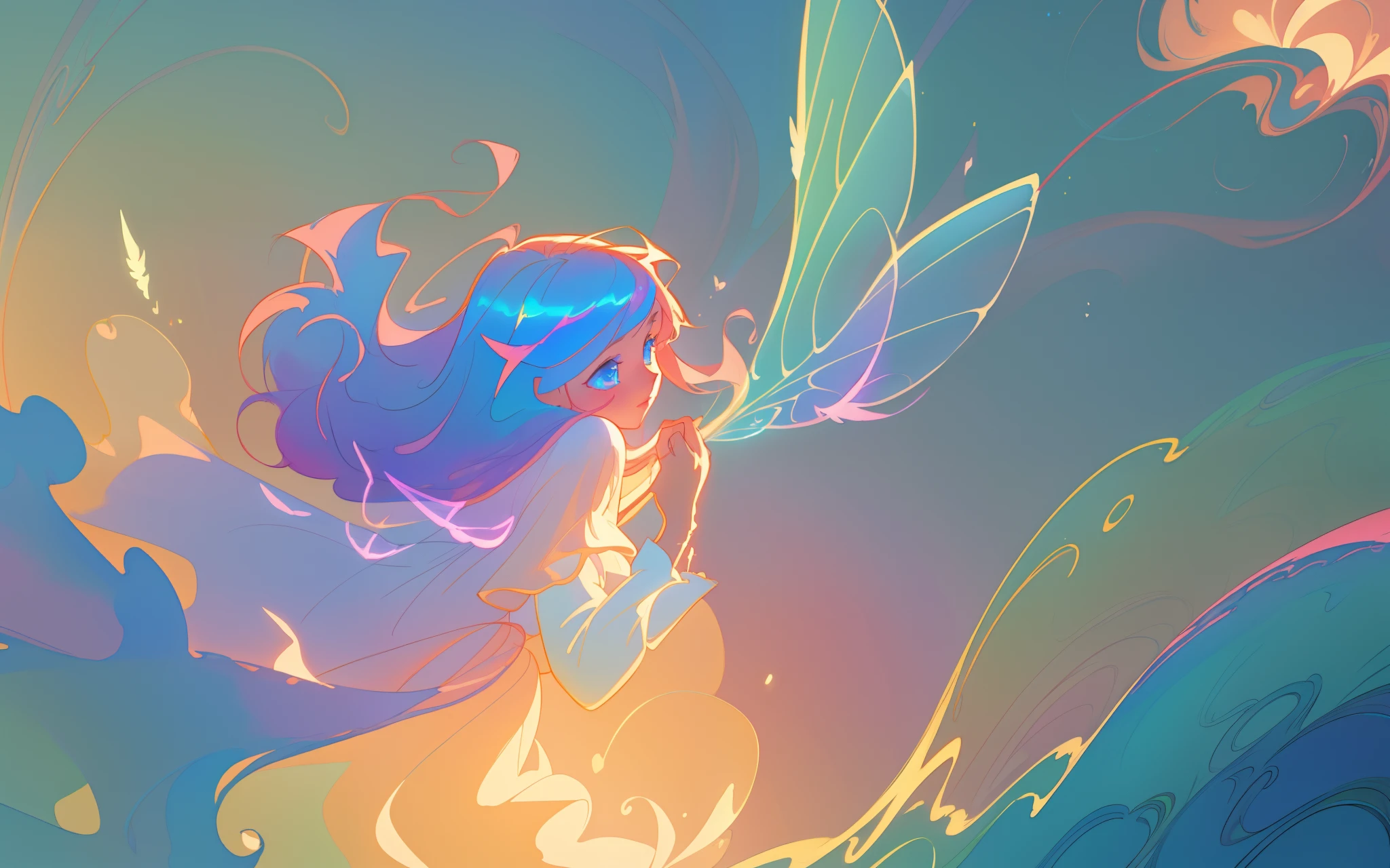 beautiful anime girl in flowing long sleeve ruffle layered ballgown, ((fairy wings)), inspired by Glen Keane, inspired by Lois van Baarle, (disney art style), by Lois van Baarle, glowing aura around her, by Glen Keane, jen bartel, glowing lights! digital painting, flowing glowing hair, glowing flowing hair, beautiful digital illustration, fantasia background, whimsical, magical, fantasy, ((masterpiece, best quality)), intricate details, highly detailed, sharp focus, 8k resolution, sparkling detailed eyes, liquid watercolor, swirling magical lines of light. pastel colors