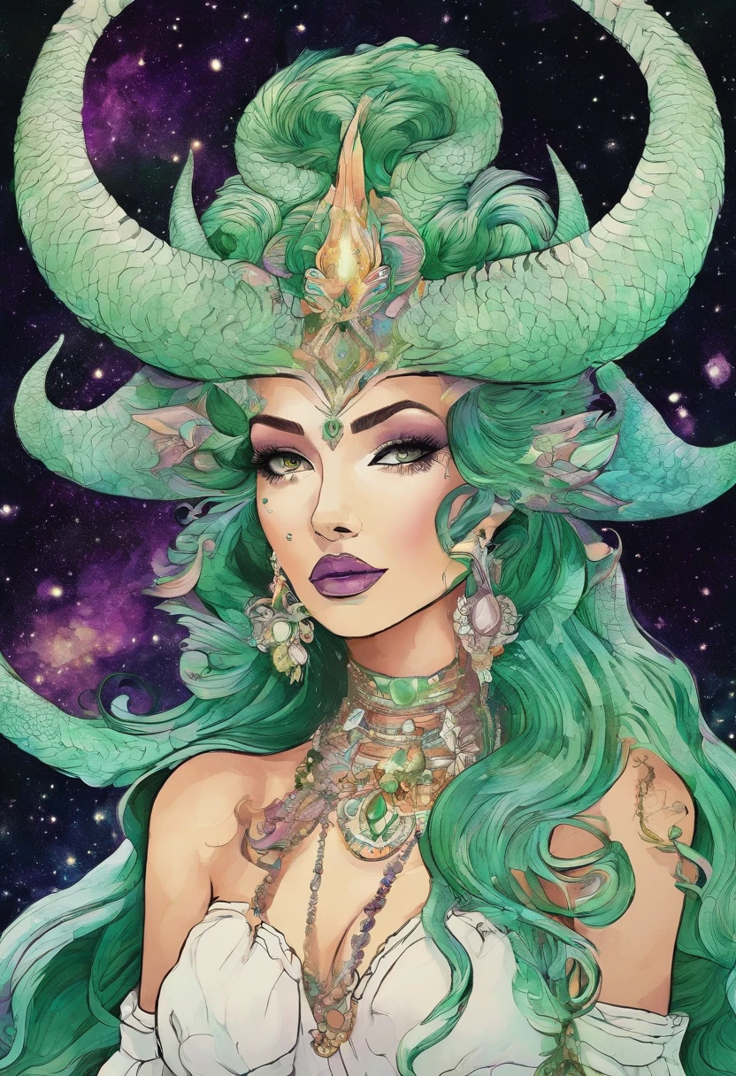 a photograph Galaxies, espirais, outer space, Nebulosas, estrelas, smoke billowing,espatacular imagem, detalhe intrincado,Hand-drawn sketch illustration of a beautiful tiefling with green and white hair, tatuagem,(((olhos azuis))), symmetrical dragon horns,detalhes em dourado na roupa, 插圖, watercolor sketch,, octane rendering, 8k hiper realista, Textura realista, Unreal Natural Lighting Engine, cinestill 800, (mola a 35mm | | | | | | |)