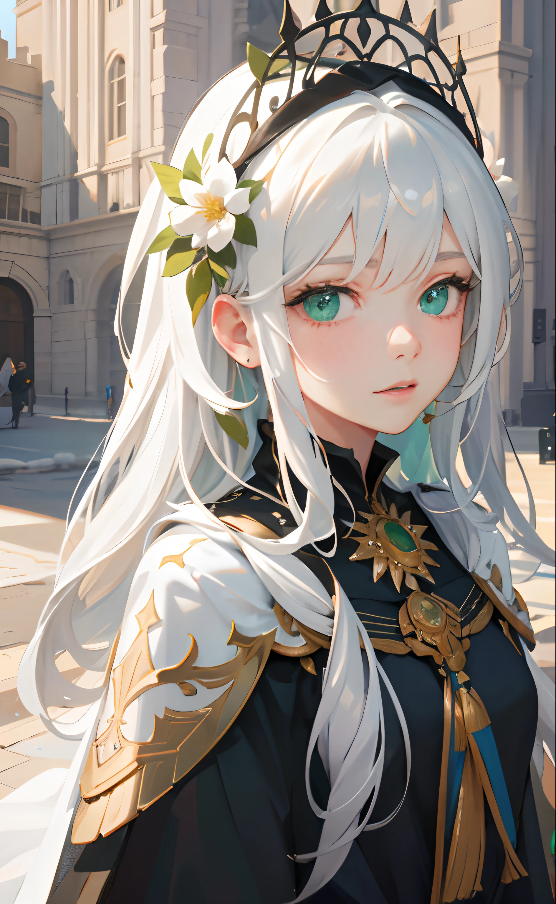masterpiece, best quality, (white long hair: 1.7), (beautiful green eyes: 1.7), (short black cape: 1.3). (modern city: 1.5), girl, flower on the head, ((High Detail Skin, Visible Pores)), (Perfect Figure), A Beautiful Girl, Side Light, (Fine Beautiful Eyes: 1.2), (Masterpiece), Portrait, (Bust), Realistic, Anatomically Correct, 3D Face, Sweet Skin, Cute Face