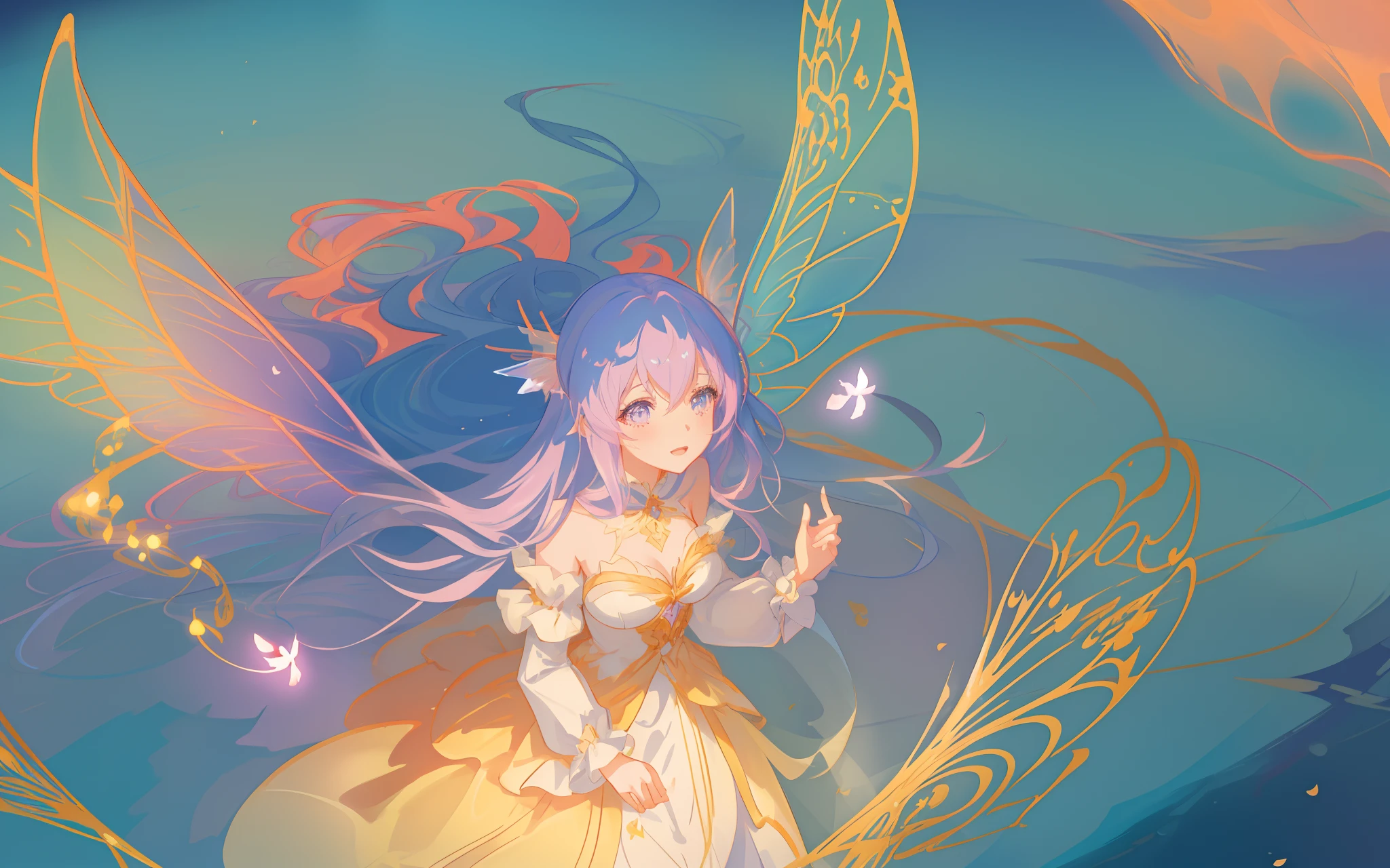 beautiful anime girl in flowing long sleeve ruffle layered ballgown, ((fairy wings)), inspired by Glen Keane, inspired by Lois van Baarle, (disney art style), by Lois van Baarle, glowing aura around her, by Glen Keane, jen bartel, glowing lights! digital painting, flowing glowing hair, glowing flowing hair, beautiful digital illustration, fantasia background, whimsical, magical, fantasy, ((masterpiece, best quality)), intricate details, highly detailed, sharp focus, 8k resolution, sparkling detailed eyes, liquid watercolor, swirling magical lines of light. pastel colors
