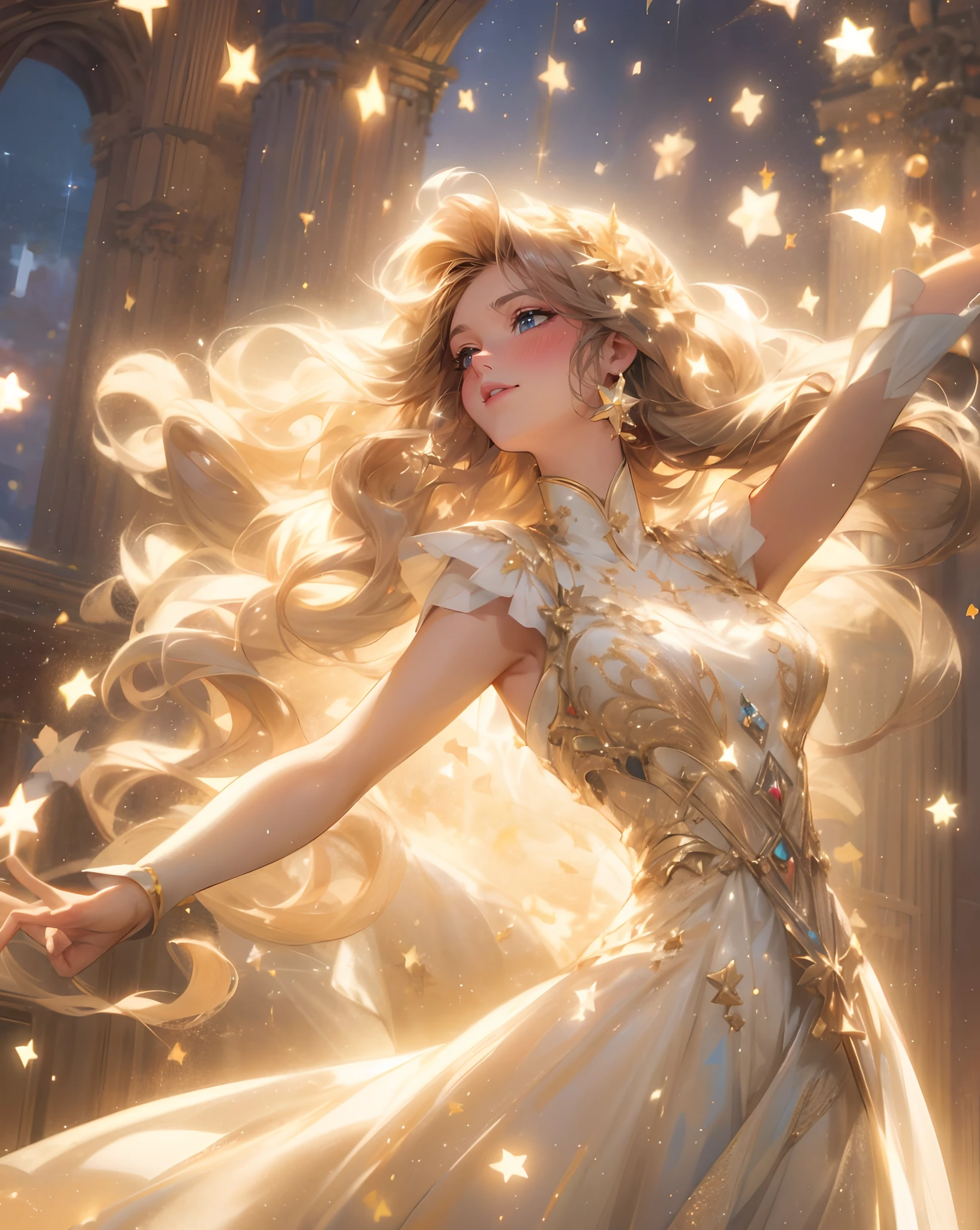 **beautiful opera singer, white sparkiling dress, long brown hair, blue eyes, lush lips, blush, singing, fantastic opera setting, stars, sparkles, anime art, --ar 2:3 --s 180** - (fast)