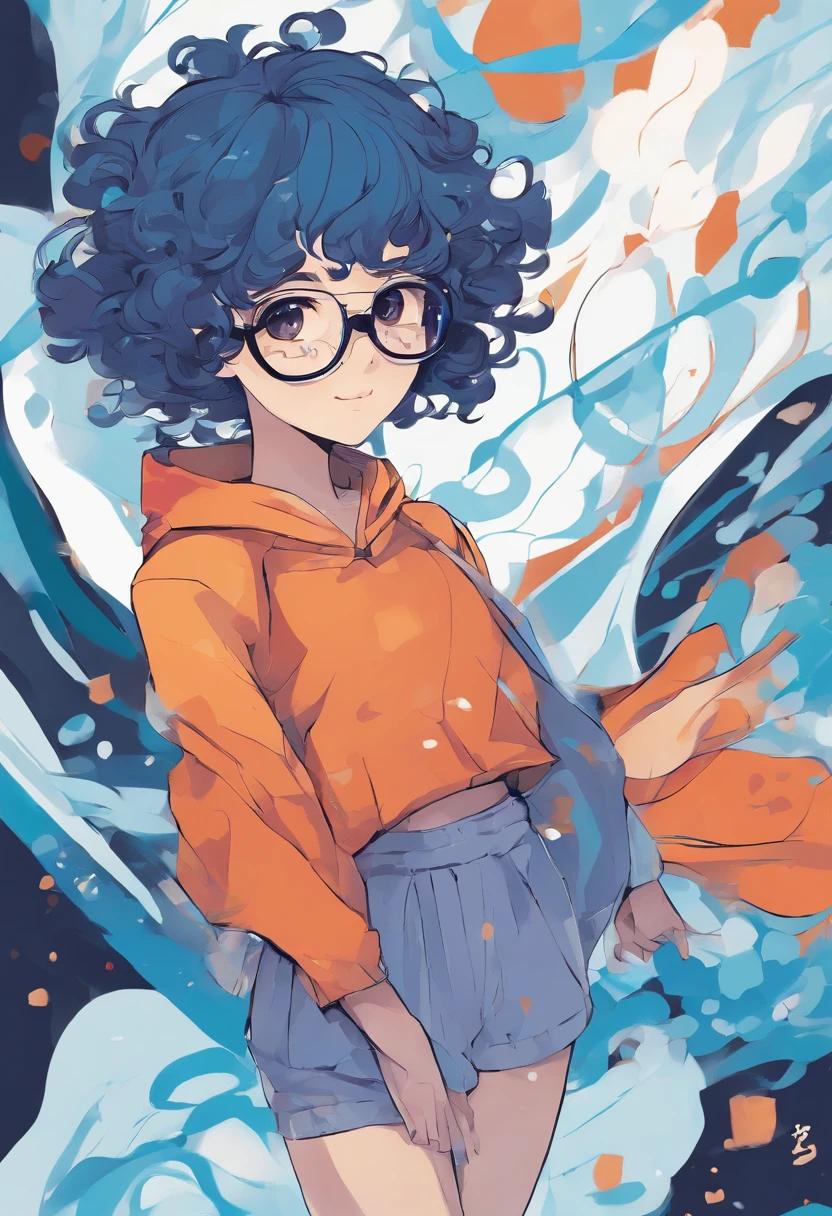 young girl, short blue curly hair, blue glasses, brown skin