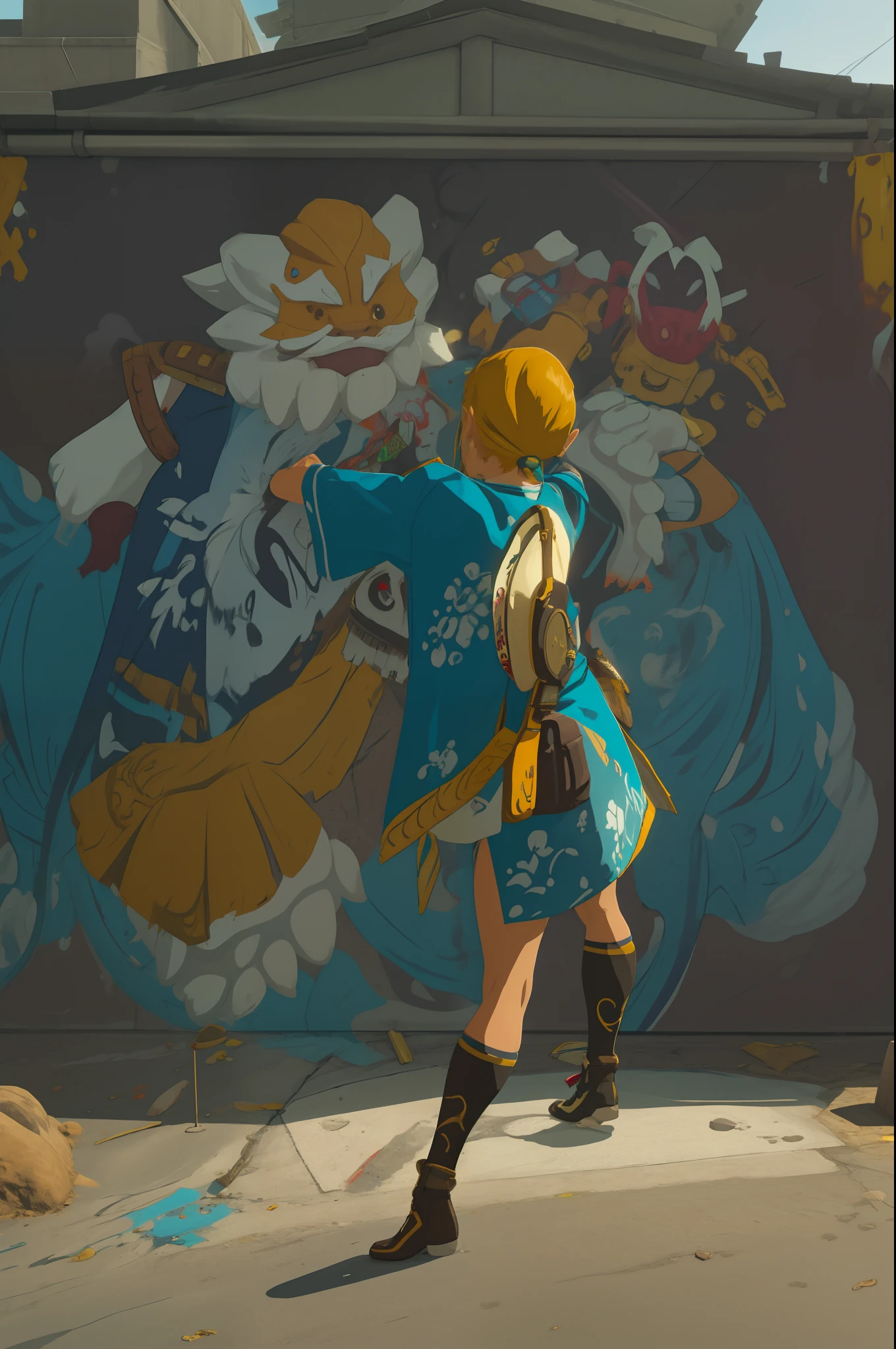 [Kimiyo, torn between her love for tradition and her newfound hip-hop spirit, takes a deep breath and begins to spray-paint a mural on the shrine's outer wall. Her movements are deliberate, and her artistry shines through as she creates a stunning blend of traditional Japanese motifs and modern graffiti.] botw style