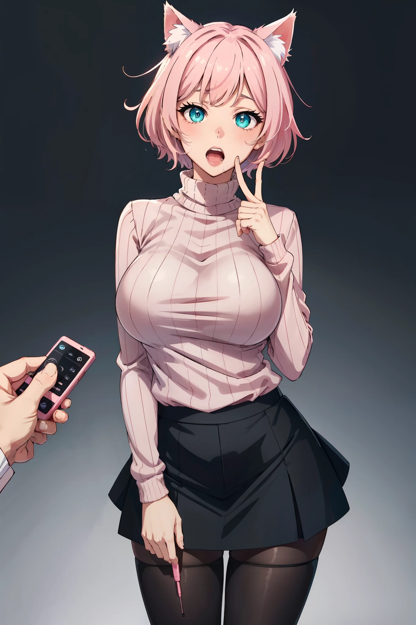 ((mature adult tall woman, mature_face)), (glowing aqua eyes), cat ears, narrow waist, gradient (pink hair), large breasts, large areolae, (oily skin) ,              


mature anime character with pink hair and cat ears holding a pink vibrator, checking her vibrator, digital art from danganronpa, gapmoe yandere, high quality fanart, by Puru, yandere, mature cute artwork, by Shitao, neferpitou, commission, nyaruko-san, ((with index finger)), (modeus_(helltaker):0.5), trembling, heart, heart-shaped_pupils, symbol-shaped_pupils, red_legwear, red_sweater, pantyhose, mature tall 1girl, vibrator, blush, sweater, breasts, sex_toy, long_sleeves, remote_control_vibrator, /\/\/\, pencil_skirt, solo_focus, ribbed_sweater, holding, looking_at_viewer, large_breasts, black_skirt, drooling, black_suit, teeth, open_mouth, skirt, saliva, turtleneck, gradient_background, upper_teeth, gradient, bangs, miniskirt, shirt, standing, notice_lines, white_background, eyebrows_visible_through_hair, layered_sleeves, business_suit, grey_background, mature manly 1boy, rating:questionable, pov,