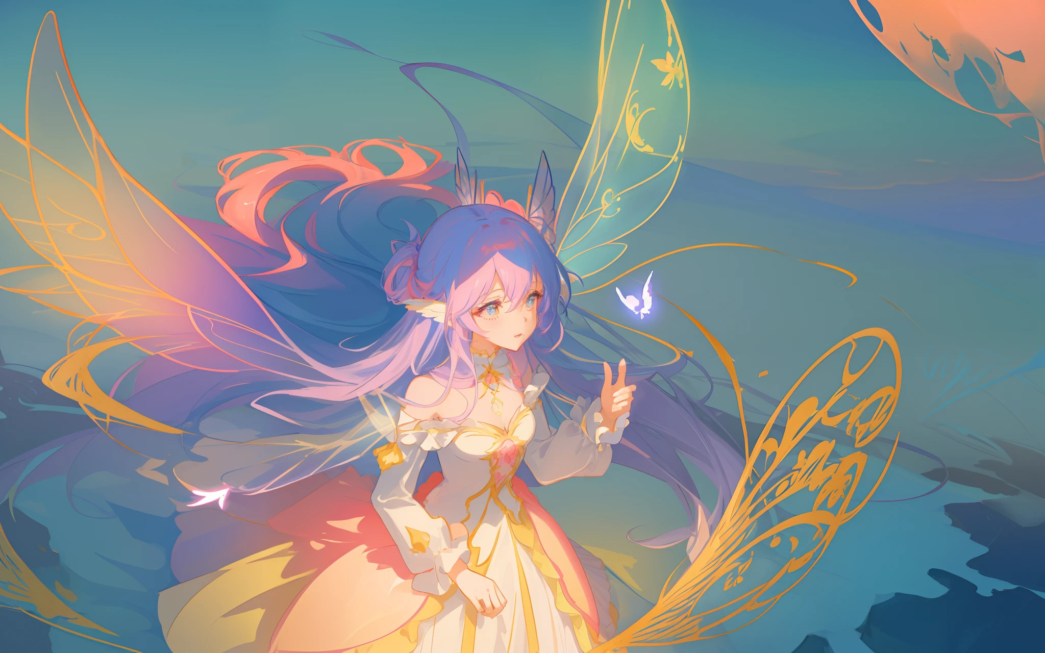 beautiful anime girl in flowing long sleeve ruffle layered ballgown, ((fairy wings)), inspired by Glen Keane, inspired by Lois van Baarle, (disney art style), by Lois van Baarle, glowing aura around her, by Glen Keane, jen bartel, glowing lights! digital painting, flowing glowing hair, glowing flowing hair, beautiful digital illustration, fantasia background, whimsical, magical, fantasy, ((masterpiece, best quality)), intricate details, highly detailed, sharp focus, 8k resolution, sparkling detailed eyes, liquid watercolor, swirling magical lines of light. pastel colors