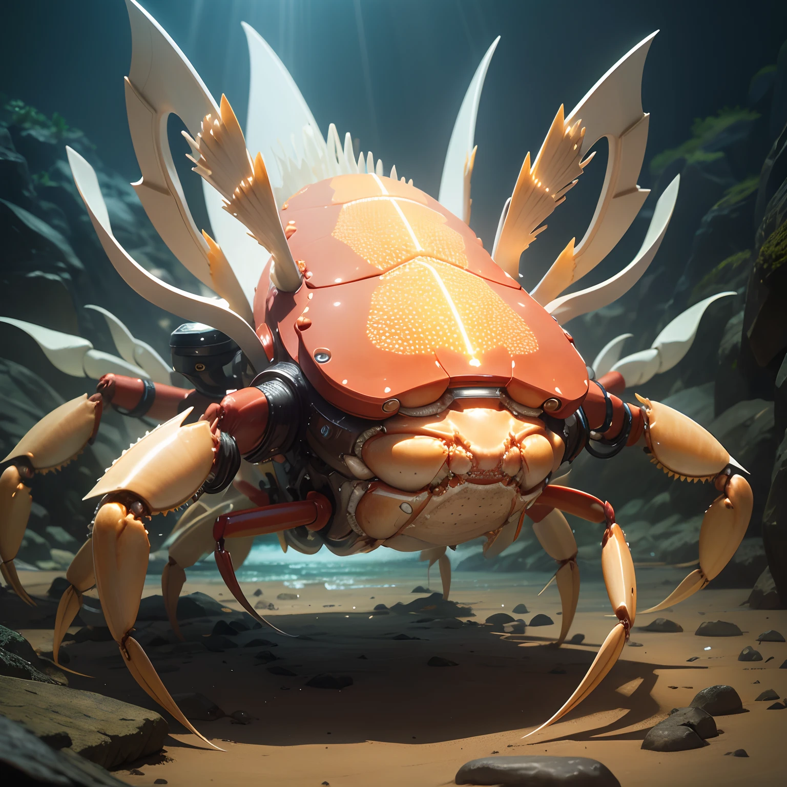 An animal of the crab breed mixed with the electrical element with rays on the bottom and body