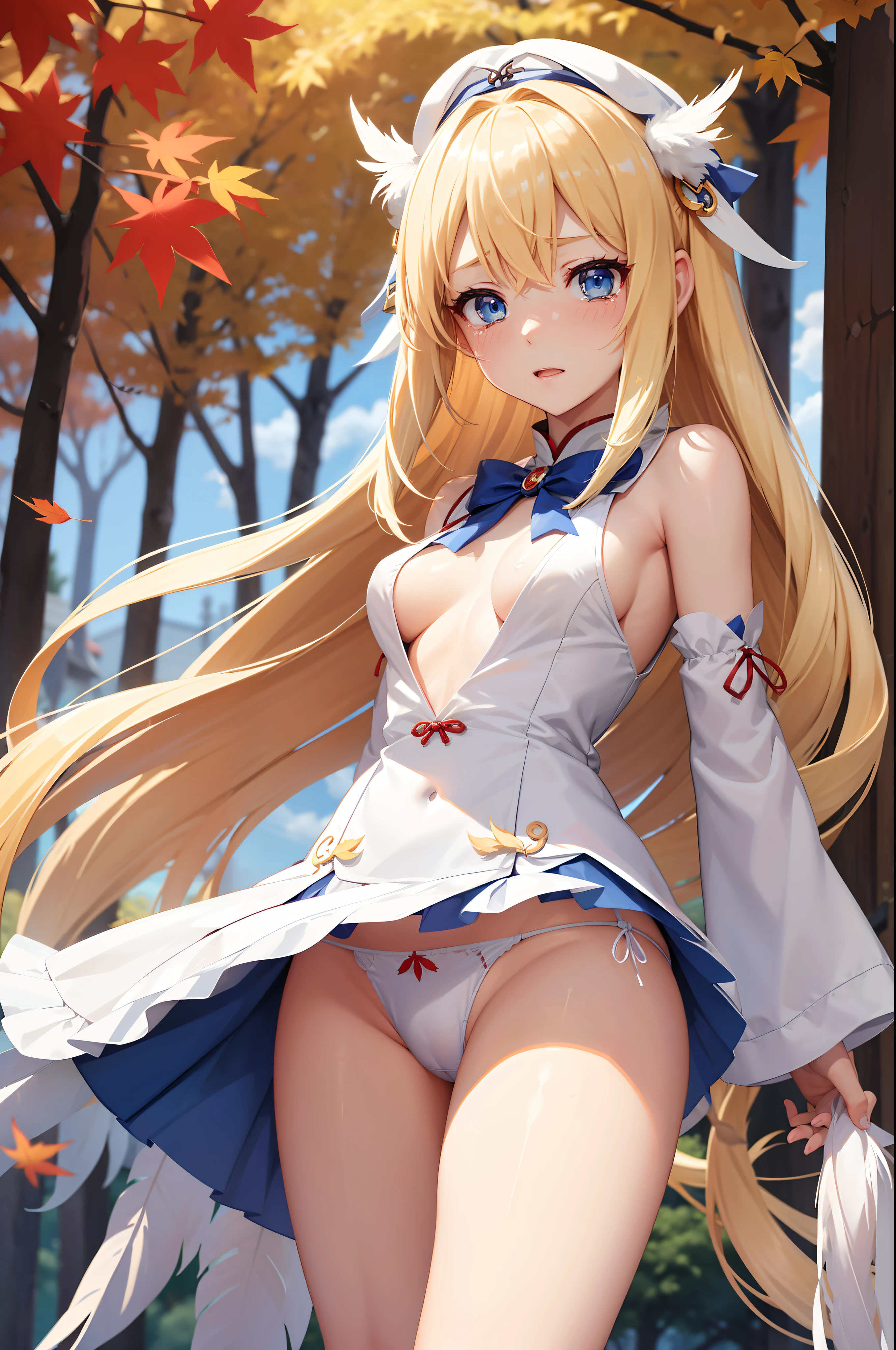 anime styled。illustratio。Fantasia。White feathers。girl with。Blue eyes。is in estrus。a blond。undergarment。Autumn foliage。Colossal tits。flank。shrine maiden。teats。a miniskirt。Shy。is crying。Exposed。spreading legs。Looking at the camera。 Show panties。cowboy shot。
