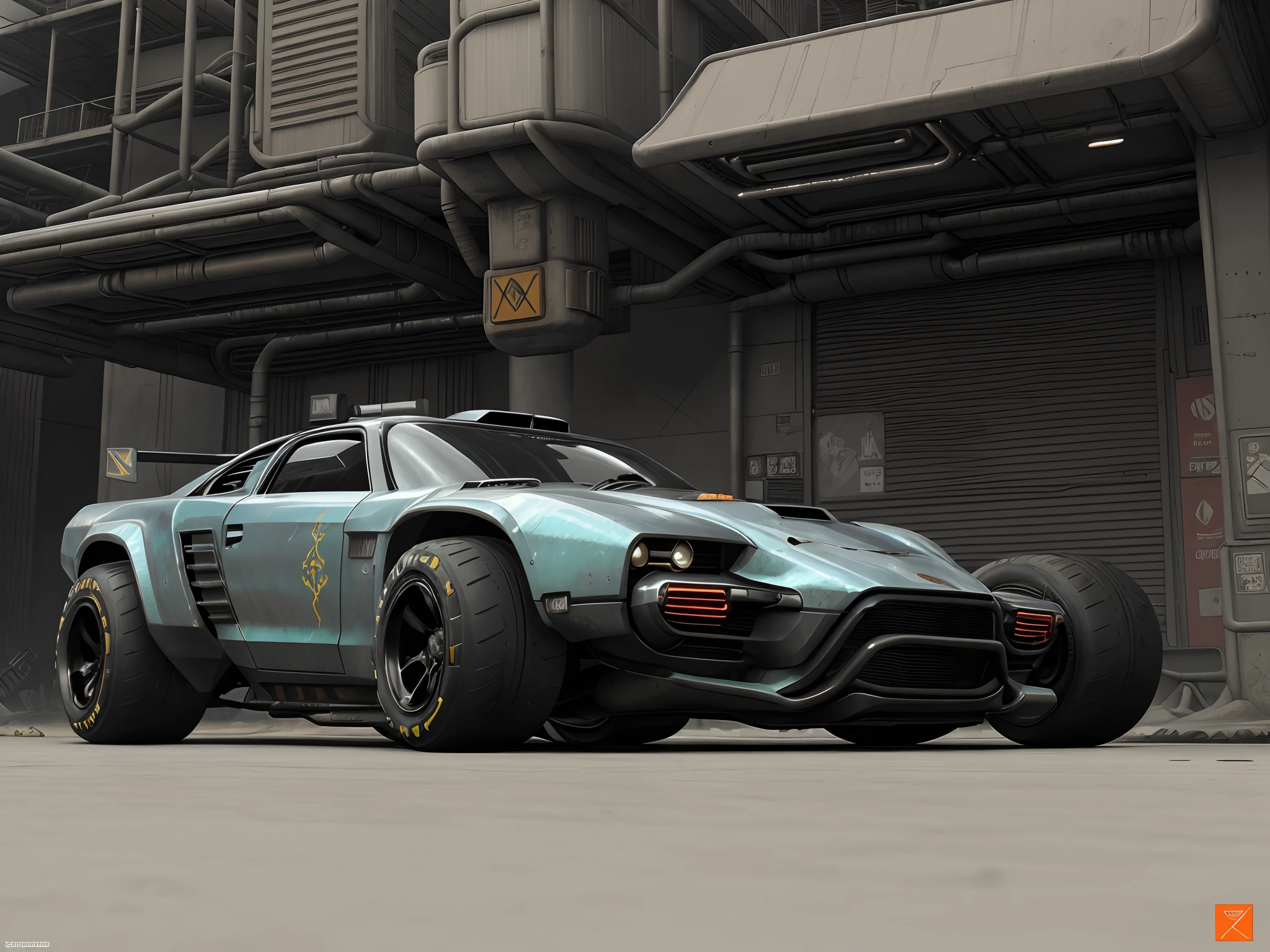 a 3/4 front view of ((futuristic cyberpunk hotrod zeekars)) (with glowing tires), at the parking lot,