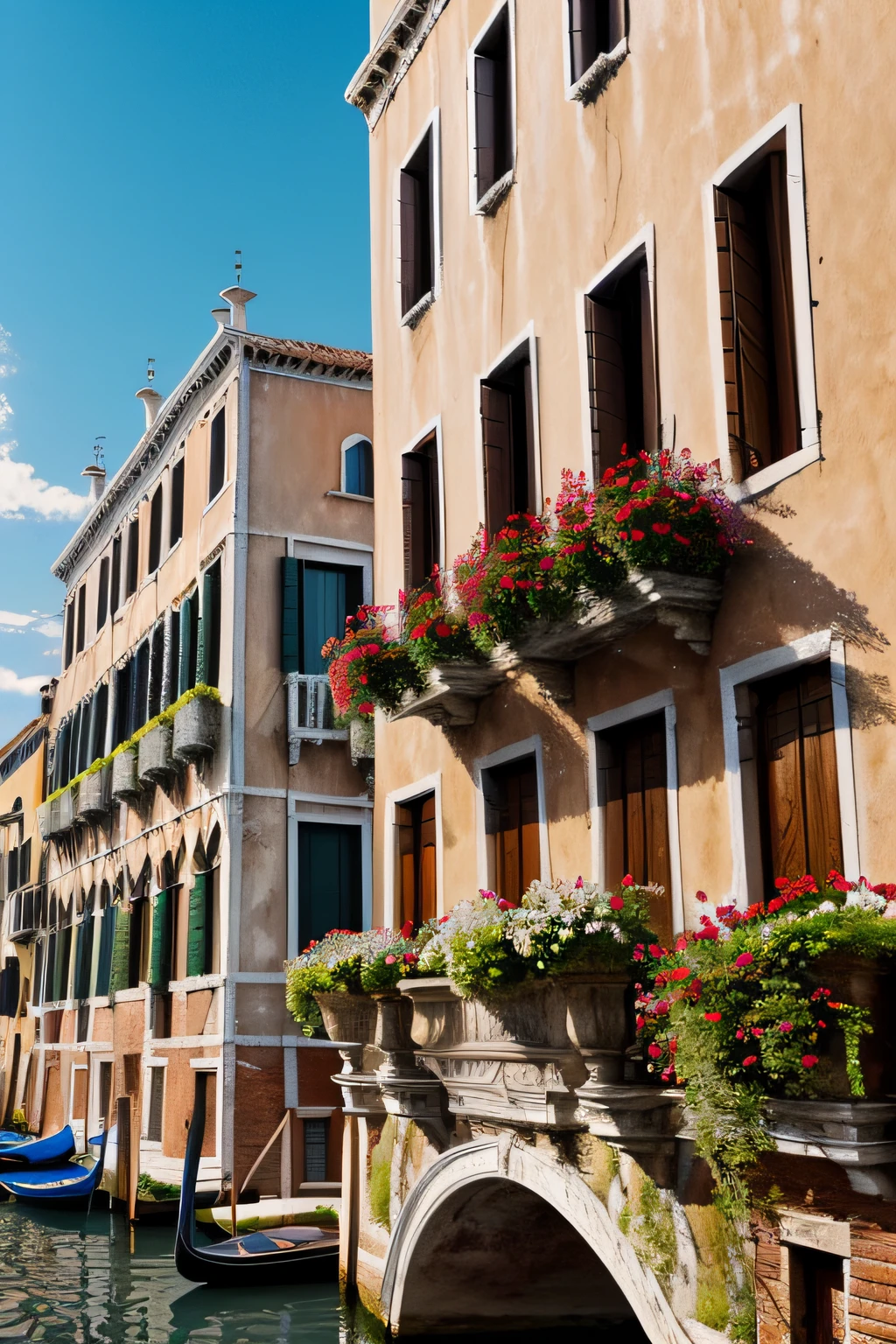 ((masterpiece)) ultra realistic, 4k, canals of Venezia, architecture, historical buildings, ((no_humans)), flowers in the balconys, blue sky, sunny day