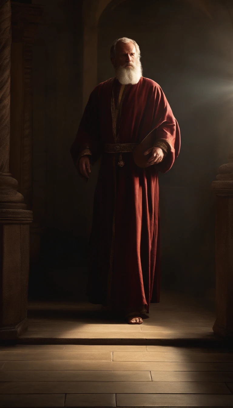 The apostle Paul looked at the screen, long clothes, religion, Ultra photo realsisim,photoreallistic, photographie, Path layout, specular lighting, Volumetric facial light, Hair path, Ombres visibles, complexe, elaborate