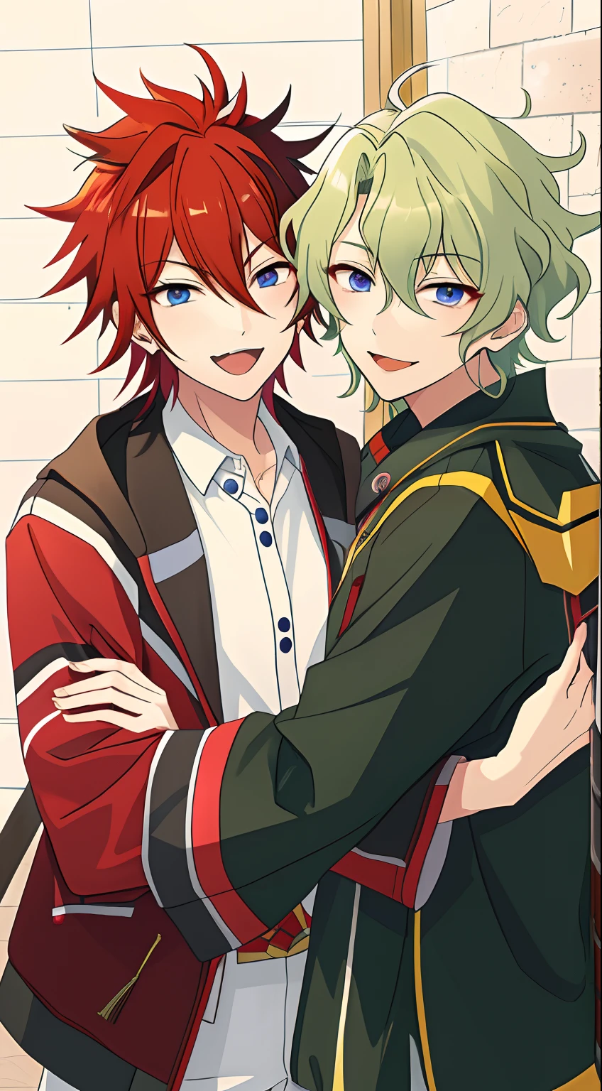 2males, 2boys, Amagi Rinne and Tomoe Hiyori, Amagi Rinne red hair blue eyes, Tomoe Hiyori yellowgreen hair purple eyes, happy smile.smile at me, masterpiece, best quality, ultra-detailed, ensemble stars, room, ensemble stars