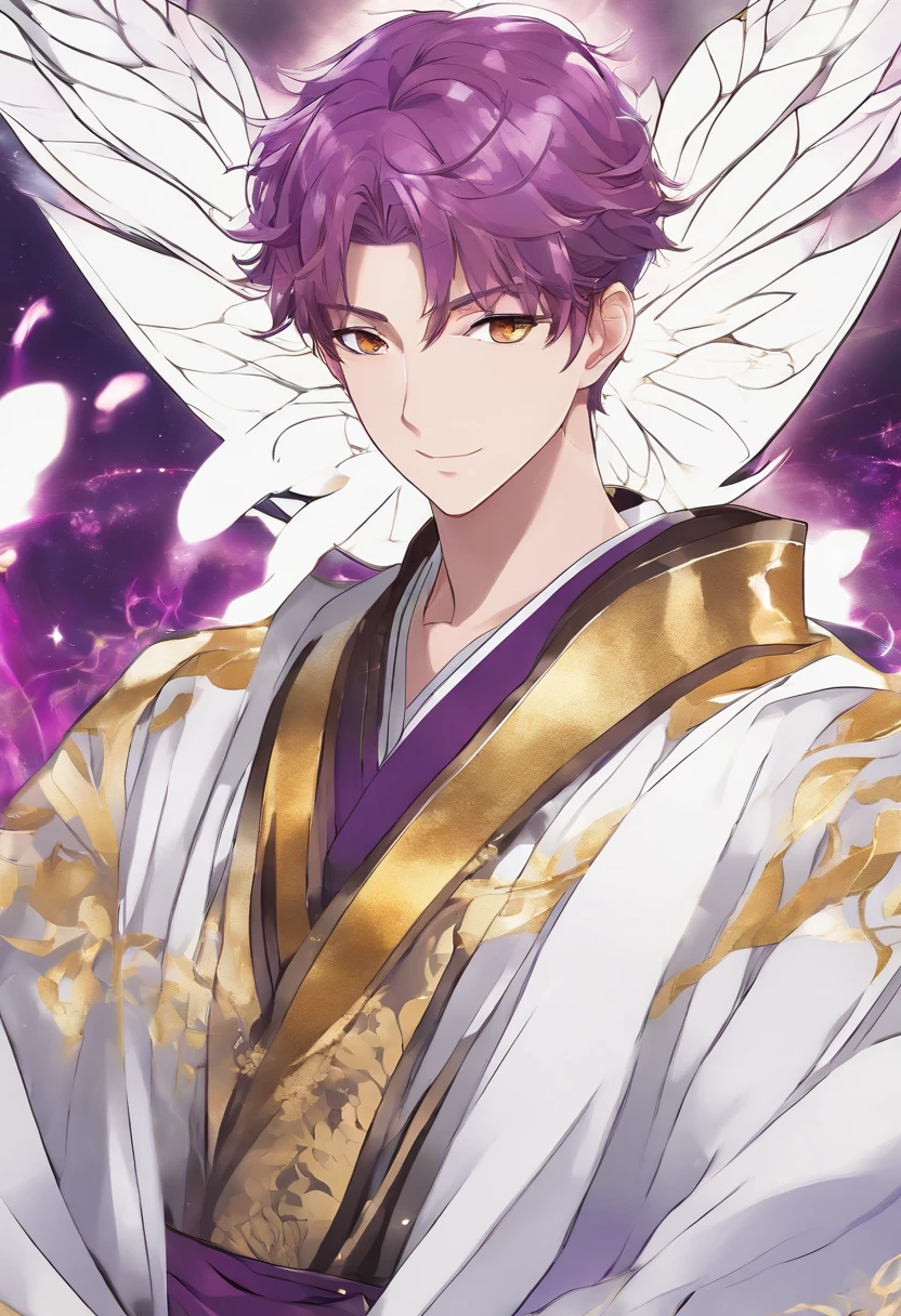 male, 20s, olive brown skin, wavy short violet hair, golden eyes, white fantasy robes