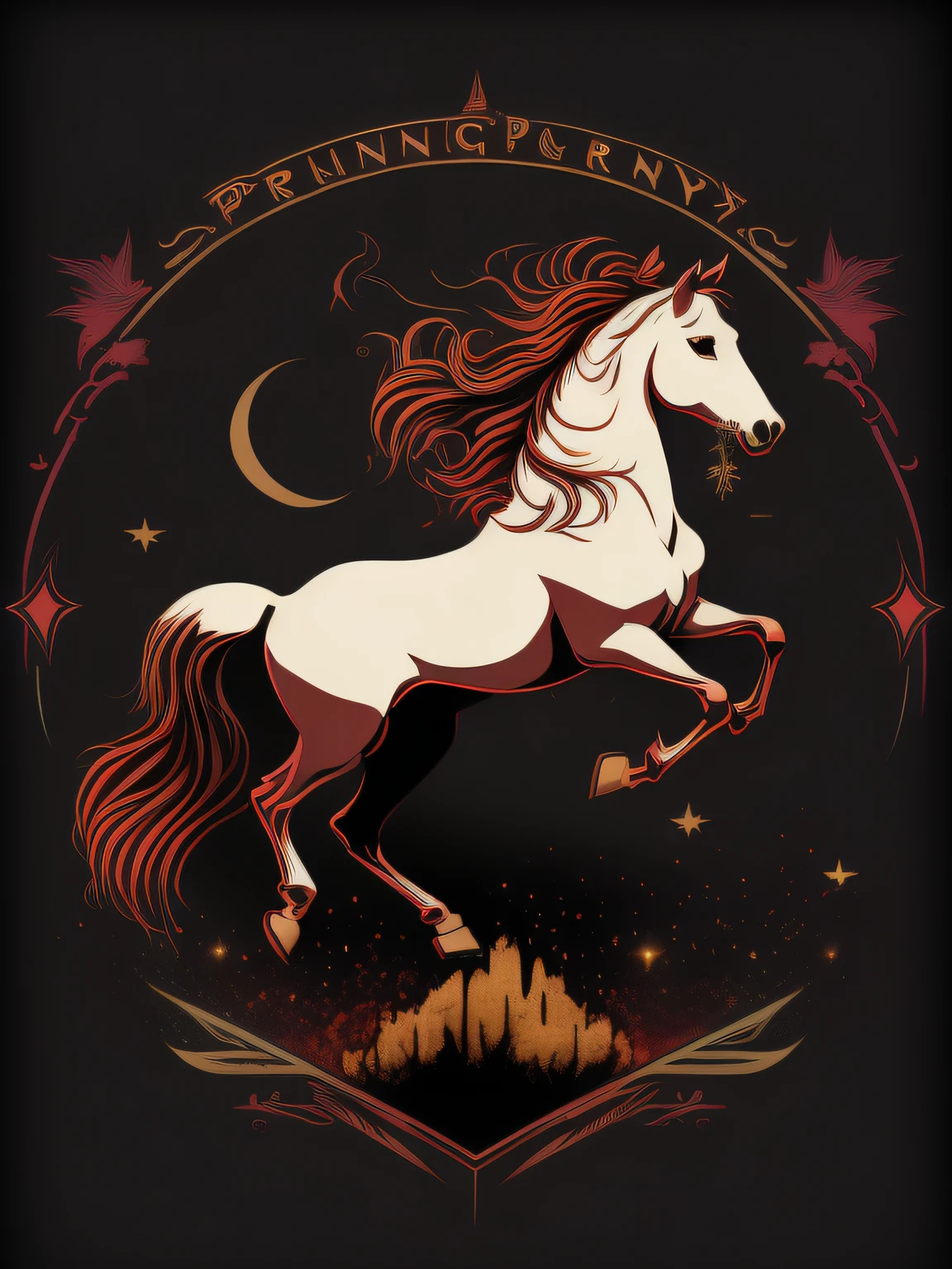 Enchanted Runes: prancing pony logo design Magic, Symbols, Fantasy, medieval vector image, T-shirt design, isolated, black background, brown red illustration and grey only