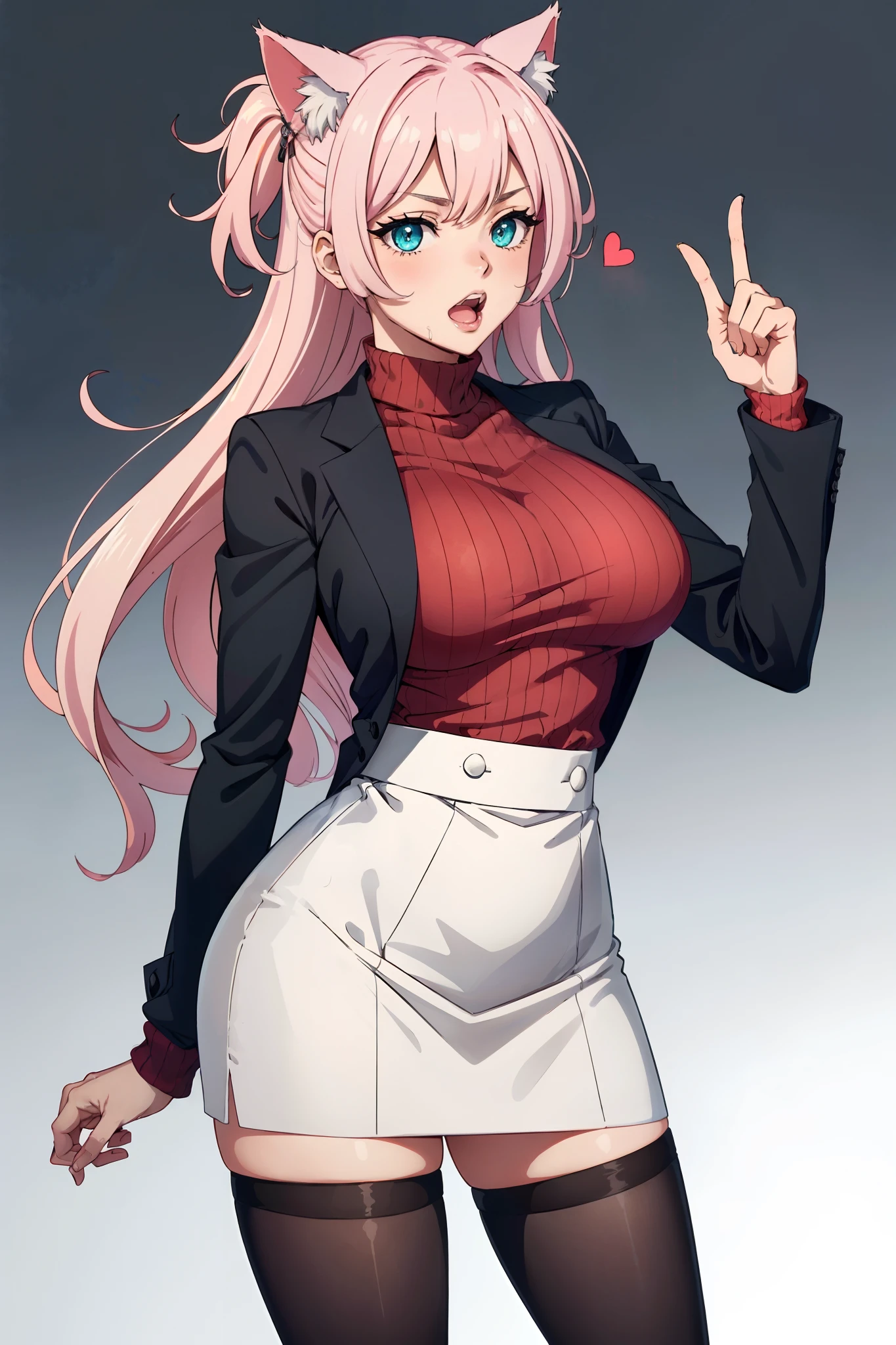 ((mature adult tall woman, mature_face)), (glowing aqua eyes), cat ears, narrow waist, gradient (pink hair), large breasts, large areolae, (oily skin) ,
mature anime character with pink hair and cat ears holding a pink vibrator, checking her vibrator, digital art from danganronpa, gapmoe yandere, high quality fanart, by Puru, yandere, mature cute artwork, by Shitao, neferpitou, commission, nyaruko-san, ((with index finger)), (modeus_(helltaker):0.5), trembling, heart, heart-shaped_pupils, symbol-shaped_pupils, red_legwear, red_sweater, pantyhose, mature tall 1girl, vibrator, blush, sweater, breasts, sex_toy, long_sleeves, remote_control_vibrator, /\/\/\, pencil_skirt, solo_focus, ribbed_sweater, holding, looking_at_viewer, large_breasts, black_skirt, drooling, black_suit, teeth, open_mouth, skirt, saliva, turtleneck, gradient_background, upper_teeth, gradient, bangs, miniskirt, shirt, standing, notice_lines, white_background, eyebrows_visible_through_hair, layered_sleeves, business_suit, grey_background, mature manly 1boy, rating:questionable, pov,