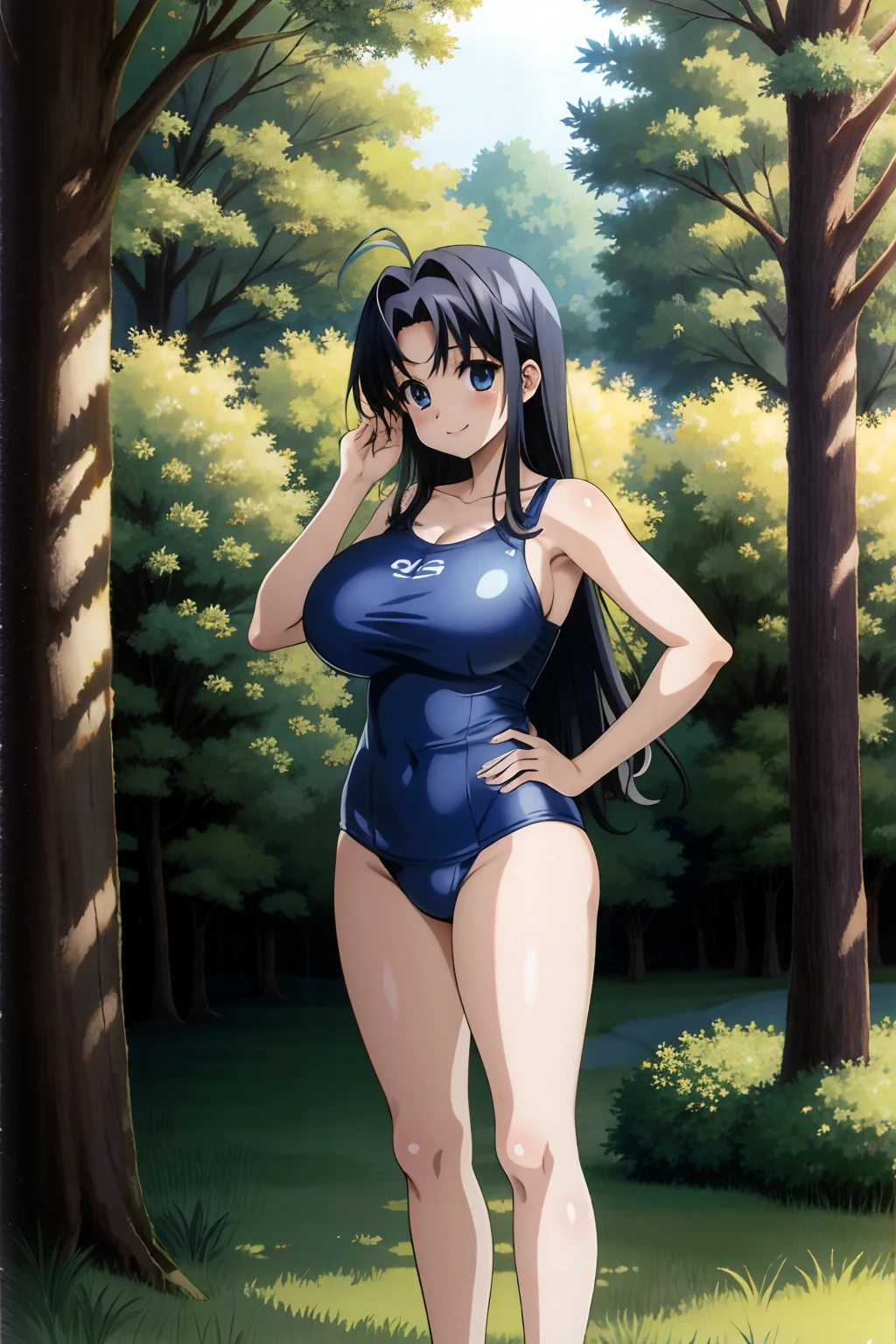 1girl, Japanese teenager, large boobs, breast size G cup, inspired by Chizuru Minamoto from Kanokon, Blue Eyes, long wavy black hair, with several bangs hanging over her forehead and side bangs that frame her face, hair intakes, hair antenna, in the forest, standing, staring on the grass, hands on hips, blue competition one piece swimsuit, happy, smiling, solo, big breasts, seductive anime girl, bare legs, bare feet,