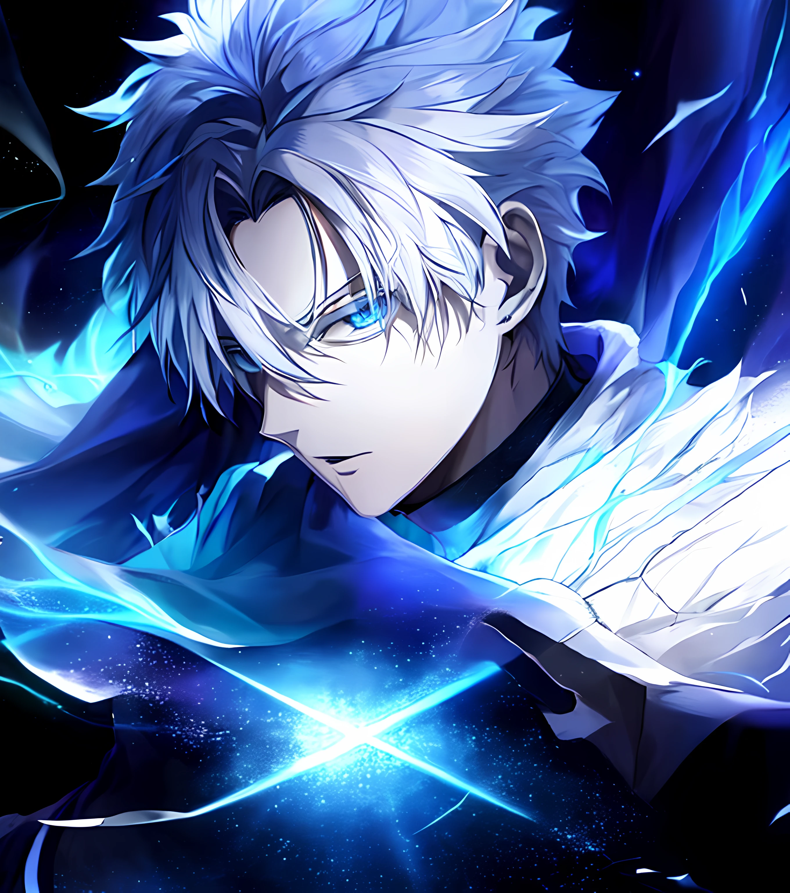 anime com cabelo branco e olhos azuis segurando uma luz azul, Nagito Komaeda, Anime Wallaper, arte chave do anime, Gatilho Estilo de Arte de Anime, cara de anime alto com olhos azuis, badass anime 8 k, Killua Zoldyck Retrato, an epic anime of a energy man, cara bonito na arte demon slayer, Killua Zoldyck