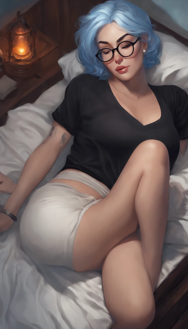 a one-character girl with short, neck-length blue hair, round glasses, and a black rock shirt. big breasts and big ass, it is covered by a black blanket. She is sleeping lying on a bed, nipples