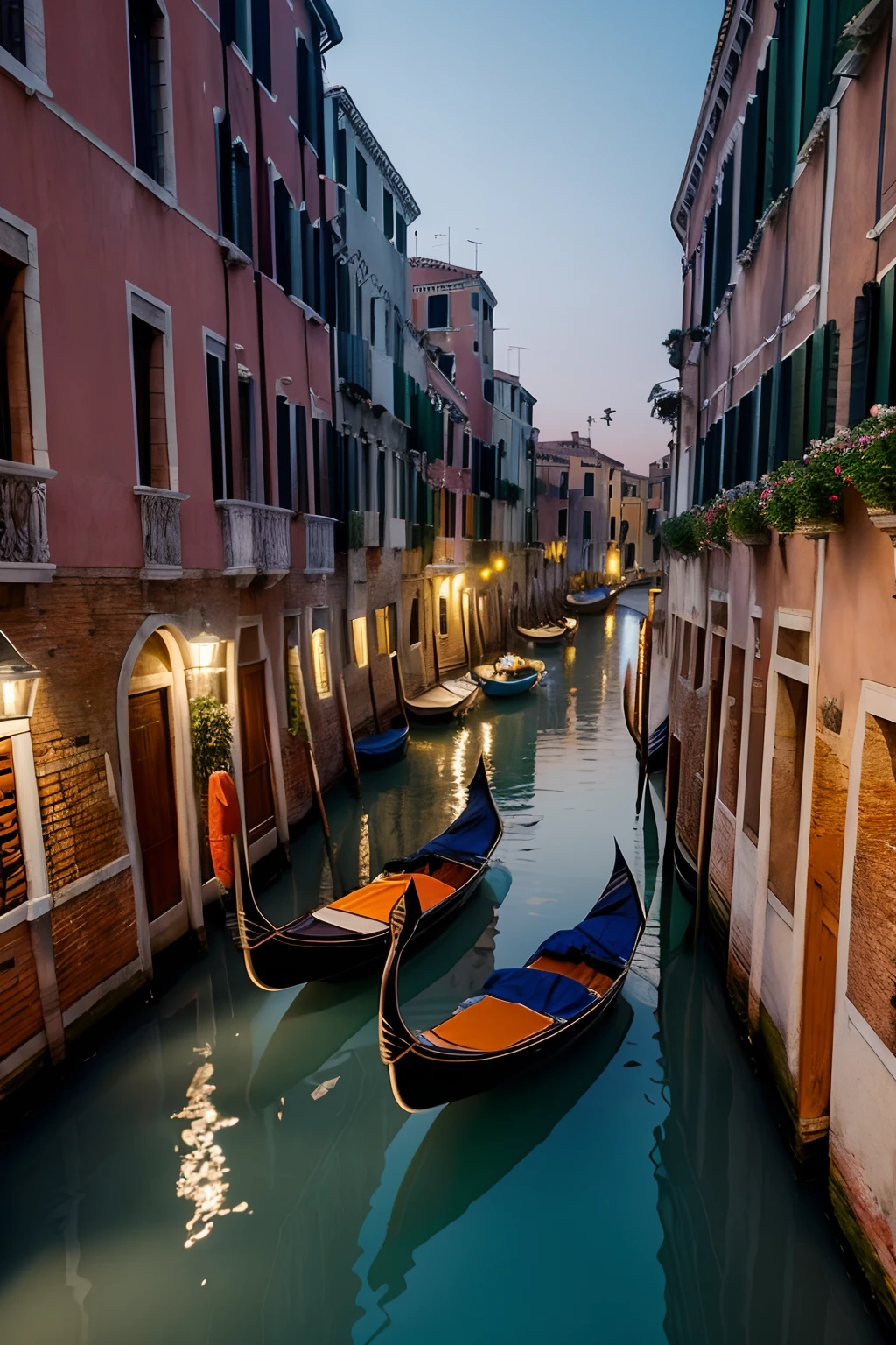 ((masterpiece)), ultra realistic, 4k, moonlight in the canals of Venezia, ((no_humans)), artificial light from light poles, some flowers, gondolas