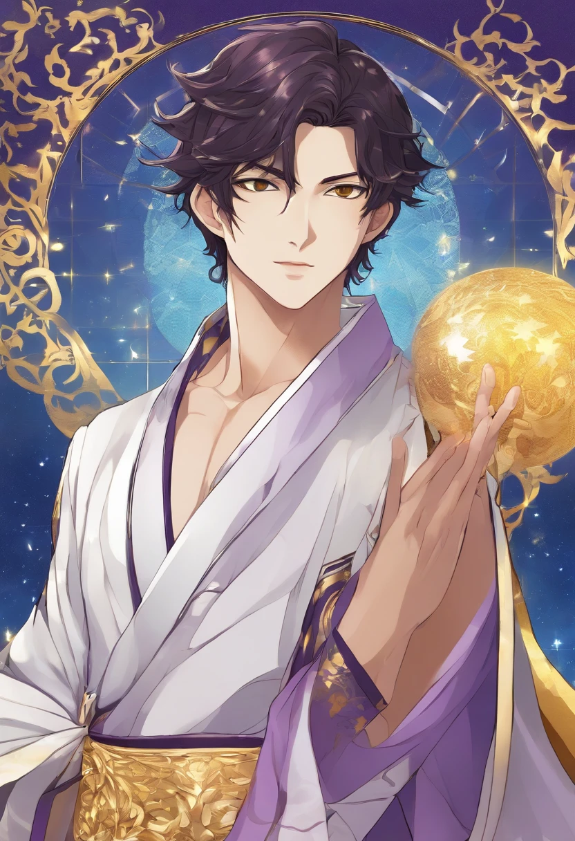 male, 20s, olive brown skin, wavy short dark violet hair, golden eyes, white fantasy robes, scarred face, handsome