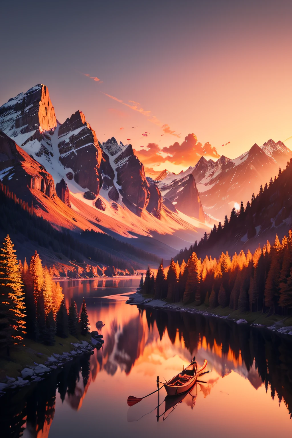 Majestic Mountain Sunset:
Visualize a breathtaking scene of towering mountains, their peaks covered in a warm orange and pink sunset glow. A calm river winds through the valley below, and you can see a lone canoeist peacefully paddling along the reflective waters.