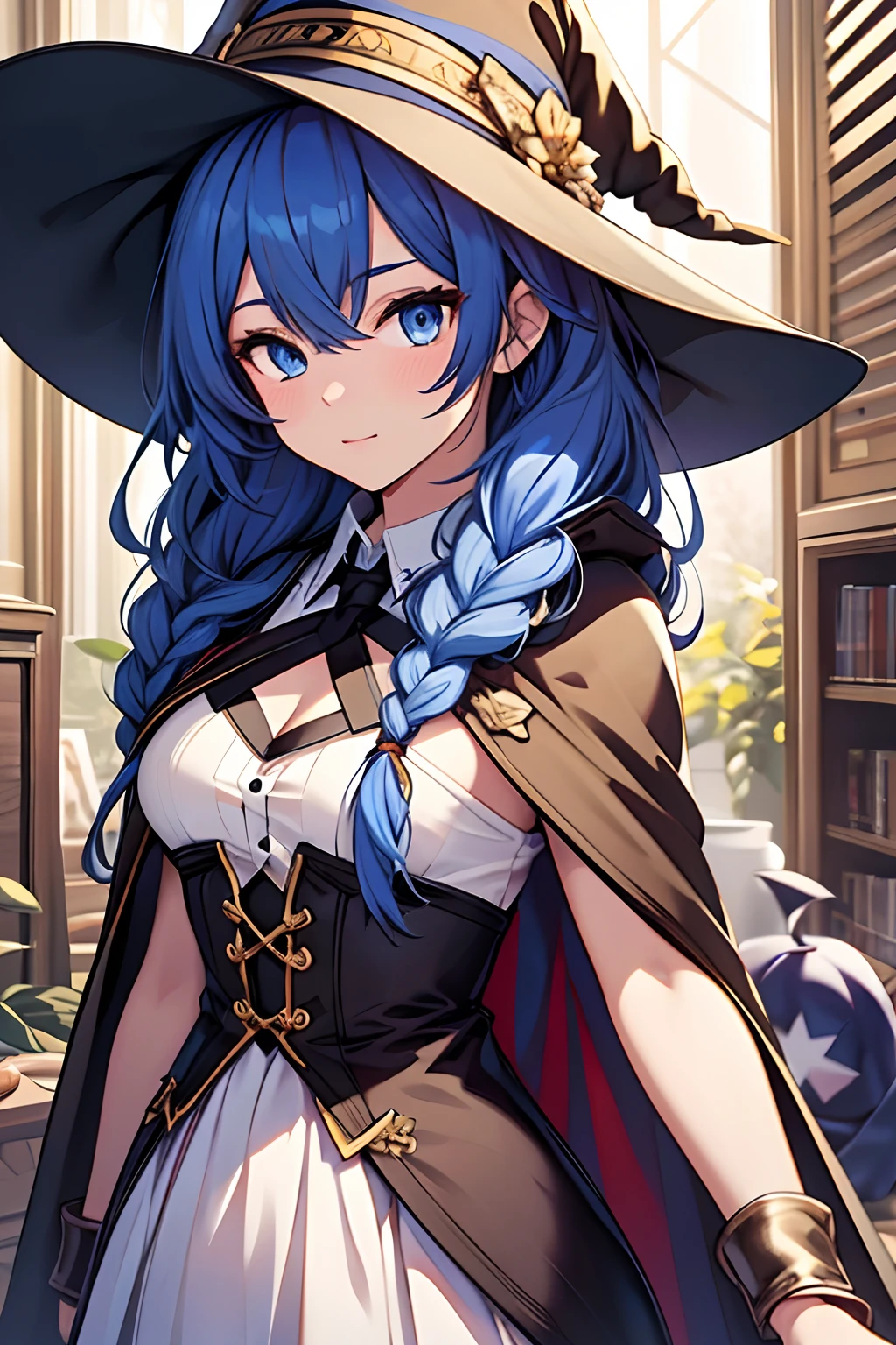 (best quality), (masterpiece), ((beautiful:0.75) cute girl:0.75), [clear and clean] pixiv (illustration), roxy migurdia, blue eyes, blue hair, bangs, brown cape, witch hat, braid,