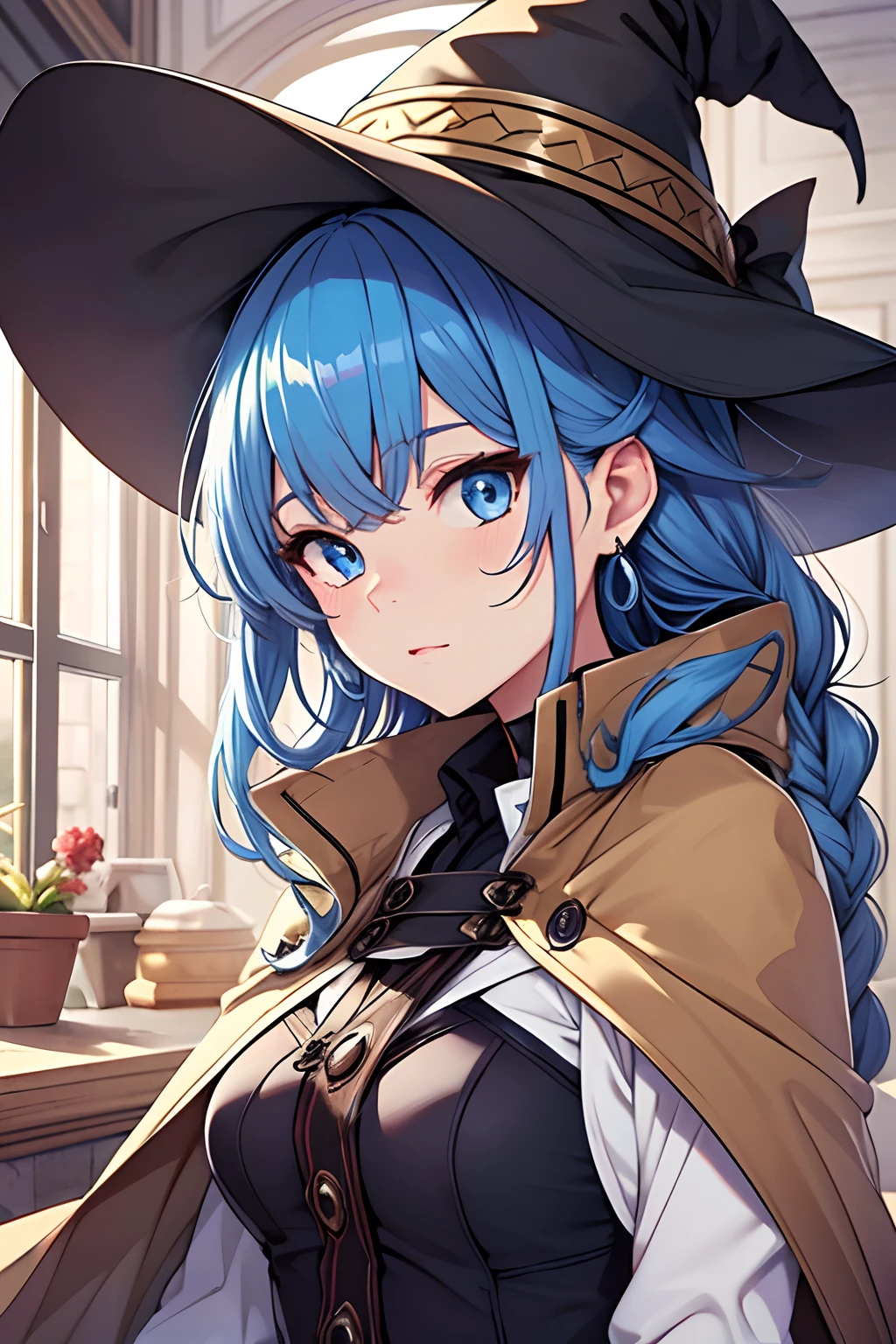 (best quality), (masterpiece), ((beautiful:0.75) cute girl:0.75), [clear and clean] pixiv (illustration), roxy migurdia, blue eyes, blue hair, bangs, brown cape, witch hat, braid,