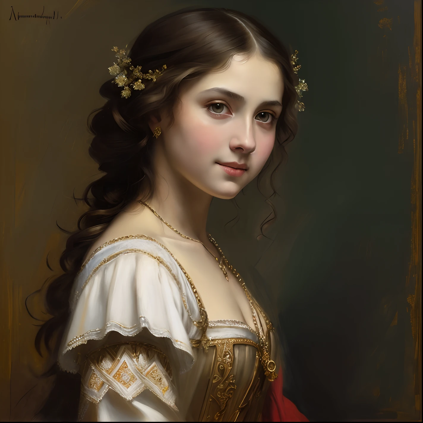 Masterpiece, portrait, girl, middle ages, classicism, andrey atroshenko style, painting, traditional media, realistic, figurative, fine art, detailed Art, oil on canvas, HDR, 8K, original character, high resolution, high detail, focus on the face, intricate, flawless