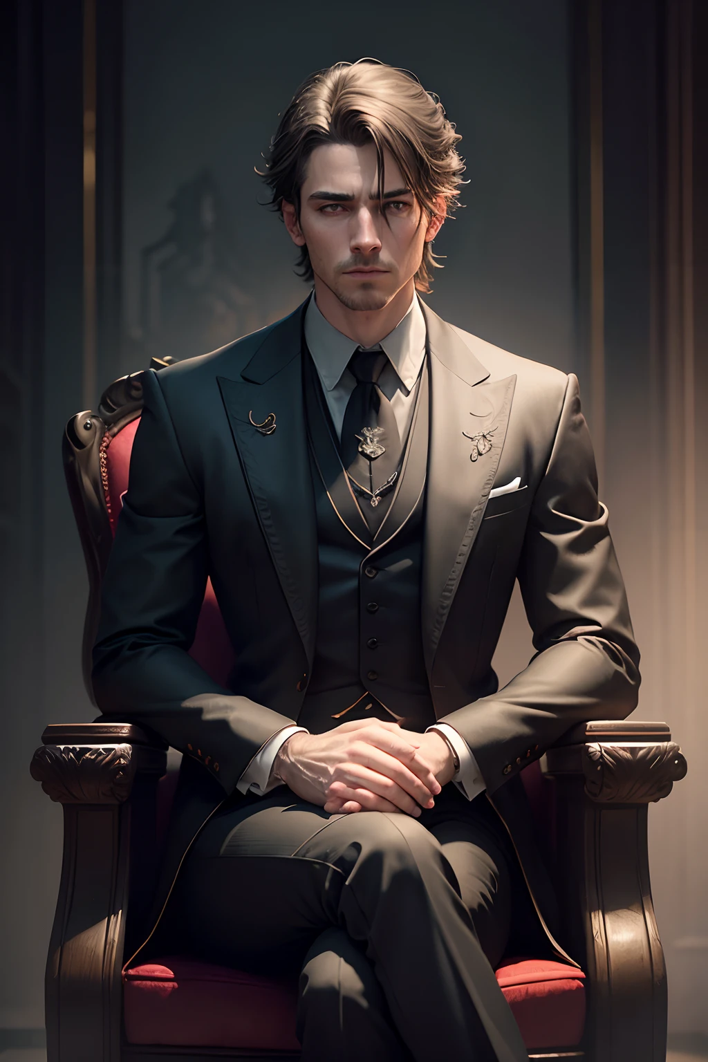 MAN IN BLACK SUIT ON A THRONE dark sitting: realistic epic, soft cinematic portrait, adobe lightroom, photographic lab, highly detailed, faded, (neutral colors: 1.2), (hdr: 1.4) , (soft colors:1.2), hyperdetailed, (artstation:1.4), cinematic, warm lights, dramatic light, (intricate details:1.1), complex background, (rutkowski:0.66), (blue and orange:0.4), face and hands color same,