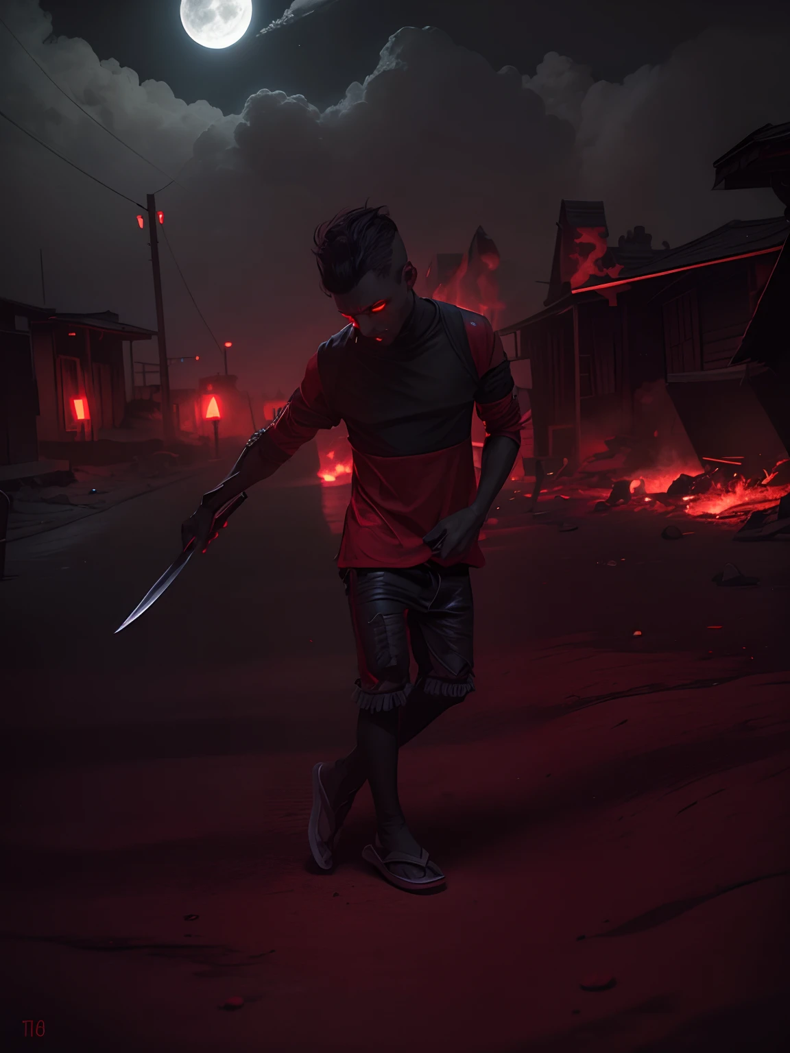 a demonic faceless small humanoid, holding two bladed weapons, scary, horror, night, dark, fall weather, full moon, glowing red eyes, evil, 1600s