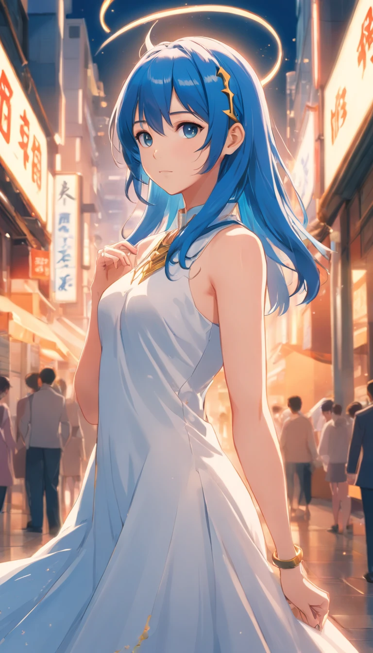 A girl with long blue hair in a white darkwave style dress with gold details and a devil mask,Estilo Darkwave,retrato de medio cuerpo,centrado,HDR,8k,hiperrealista,hermoso estudio de luz suave,detalles vibrantes,Anatomical,elegante,foco nítido,Foto de estudio,tendencias en Artstation,hiper detallado,filtro polarizador