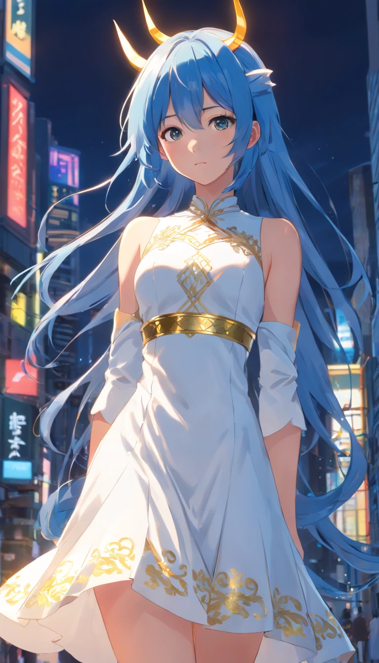 A girl with long blue hair in a white darkwave style dress with gold details and a devil mask,Estilo Darkwave,retrato de medio cuerpo,centrado,HDR,8k,hiperrealista,hermoso estudio de luz suave,detalles vibrantes,Anatomical,elegante,foco nítido,Foto de estudio,tendencias en Artstation,hiper detallado,filtro polarizador