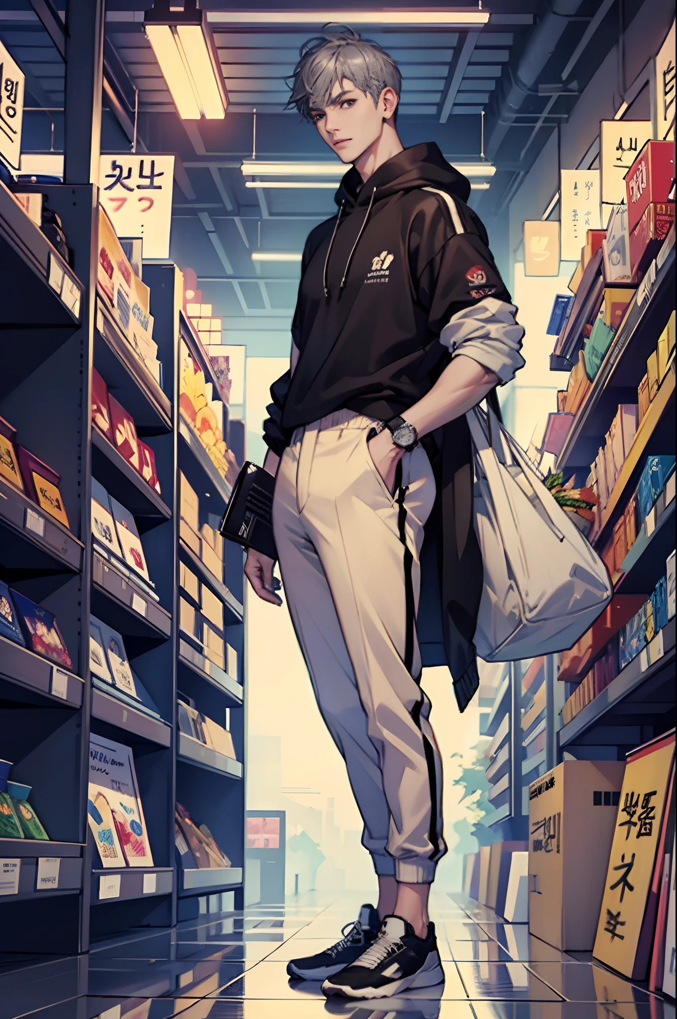 (tmasterpiece,超高分辨率,16k UHD,high qulity),low tune,standing on your feet,looking at viewert,tmasterpiece,vogue,Tall male idol trainee,Standing inside the supermarket,are standing,(Gray hair),Black eyes,ssmile,Seoul,(small heads),Tall man, Masculine face shape,Precise anatomy,Precise hand structure,Hoodies,athletic sneakers,Work pants,Electronic Watches,necklace,Unity 16K wallpaper,concept-art,One guy,8K eyes,(((Mature male))),(Comb back short hair),(photorealiscic face:1.8),broad shoulder,slips,(full bodyesbian:1.6),Male 18