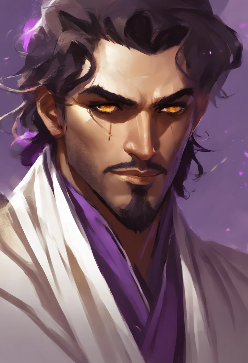 male, 20s, olive brown skin, wavy short dark violet hair, golden eyes, white fantasy robes, scarred face, handsome