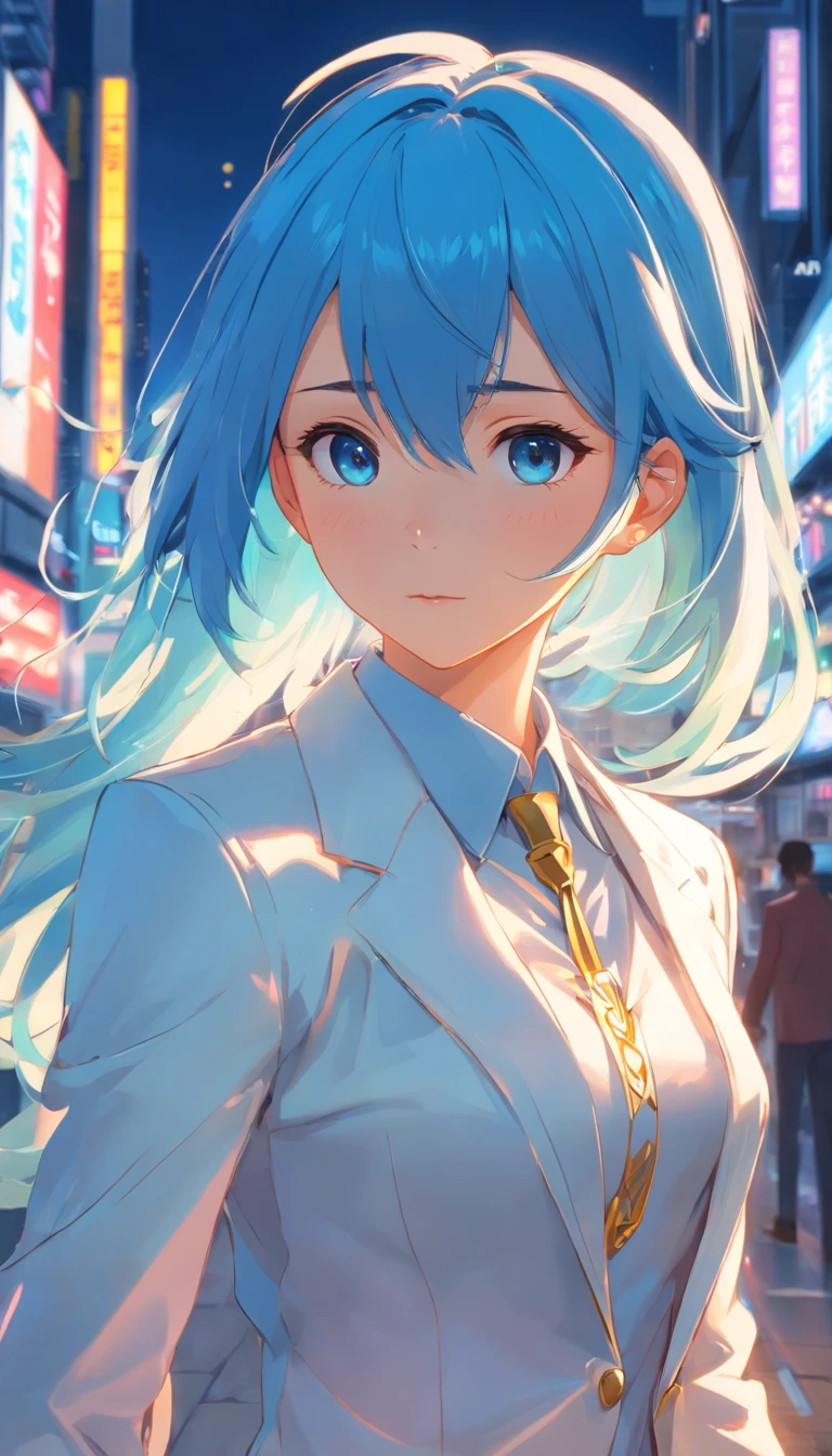 A girl with long blue hair in a white darkwave style suit with gold details and a devil mask,Estilo Darkwave,retrato de medio cuerpo,centrado,HDR,8k,hiperrealista,hermoso estudio de luz suave,detalles vibrantes,Anatomical,elegante,foco nítido,Foto de estudio,tendencias en Artstation,hiper detallado,filtro polarizador