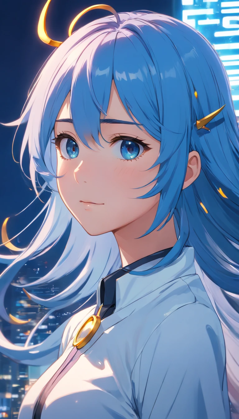 A girl with long blue hair in a white darkwave style suit with gold details and a devil mask,Estilo Darkwave,retrato de medio cuerpo,centrado,HDR,8k,hiperrealista,hermoso estudio de luz suave,detalles vibrantes,Anatomical,elegante,foco nítido,Foto de estudio,tendencias en Artstation,hiper detallado,filtro polarizador
