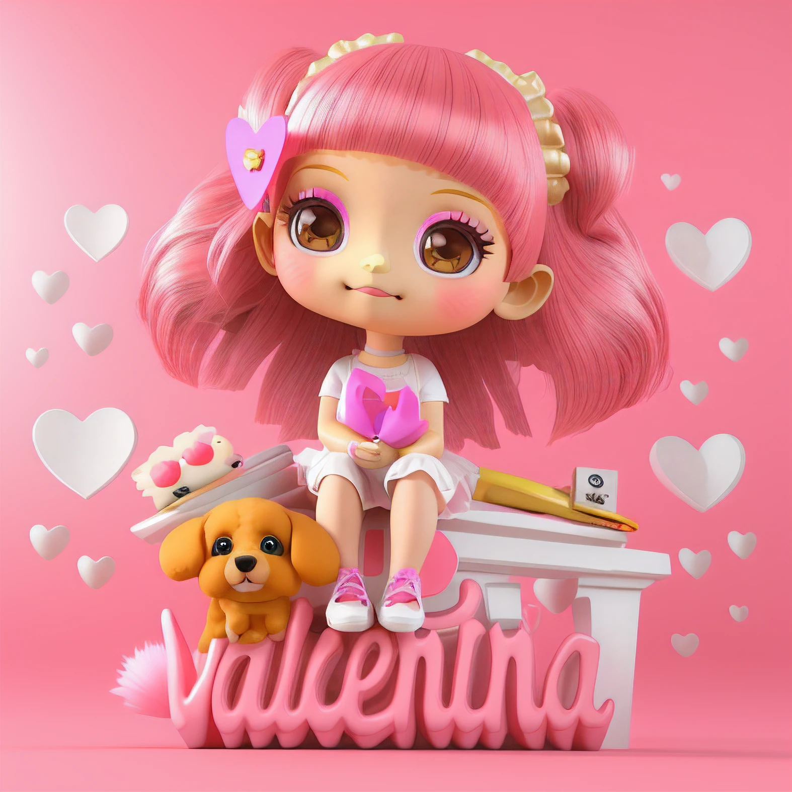 Chica chibi con dos coletas encima del texto "valentina", kawaii, render 3d y un perro poodle