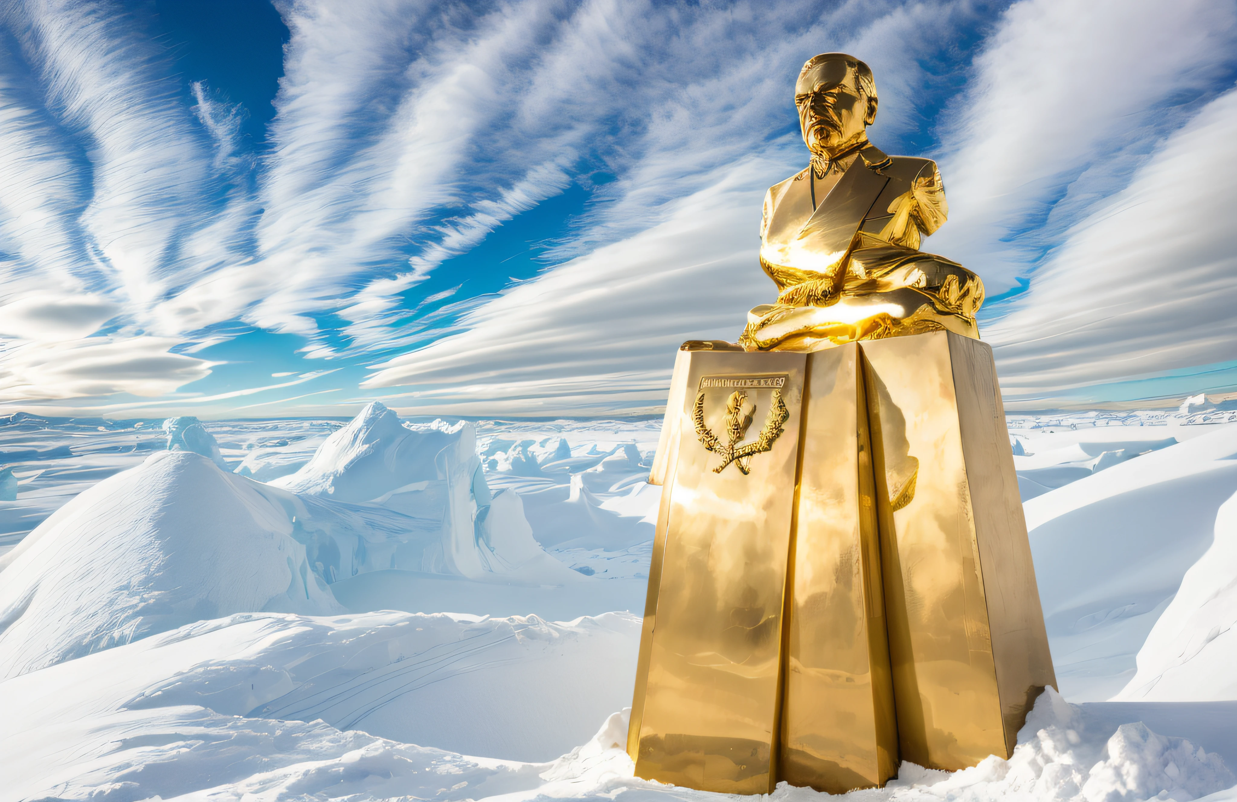 lenin's statue made of solid 24 carat gold, glistening in the polar sunlight