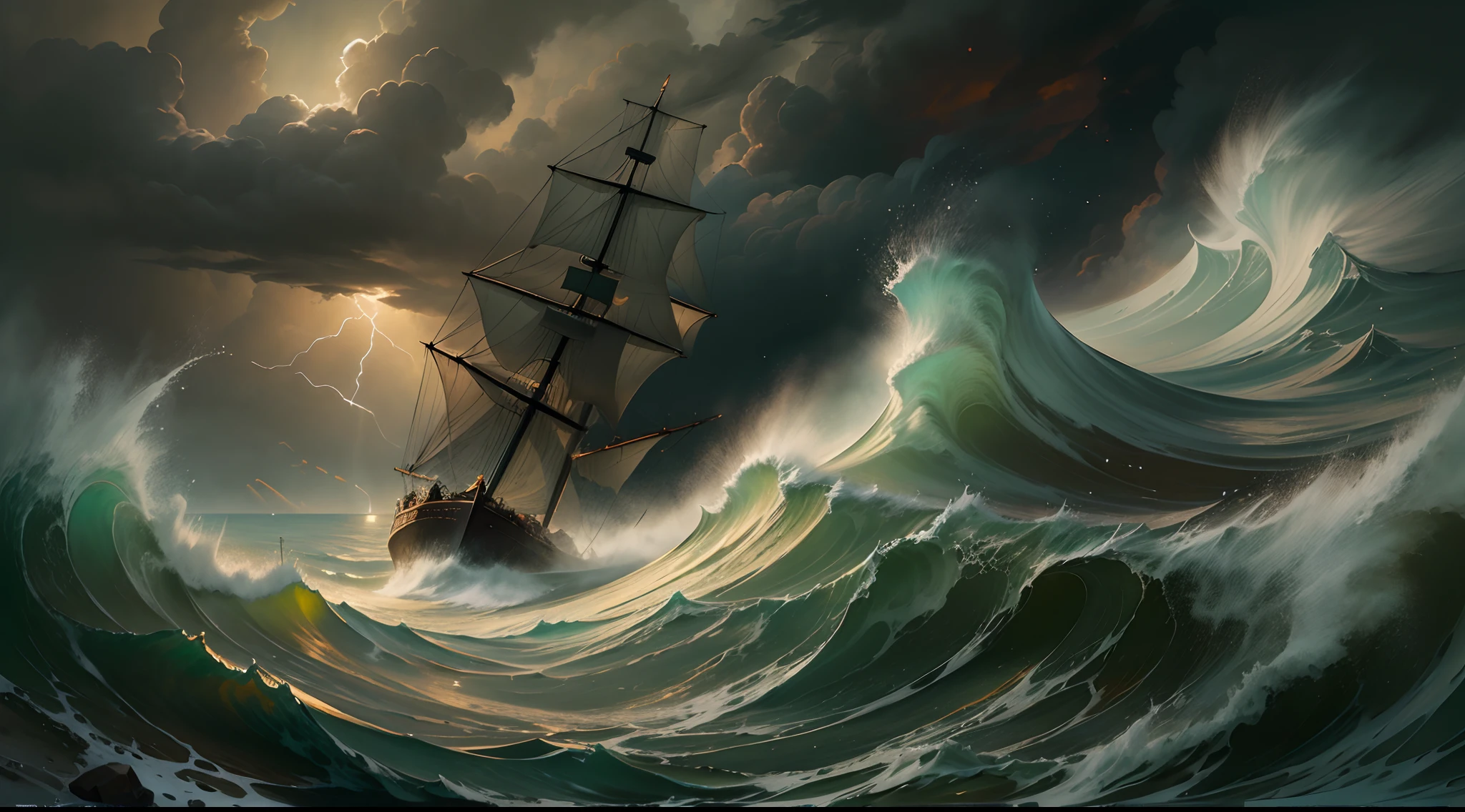 Painting of a ship sailing in a stormy sea, with dramatic lighting and powerful waves, Romanticism art style, inspired by William Blake and John Constable.