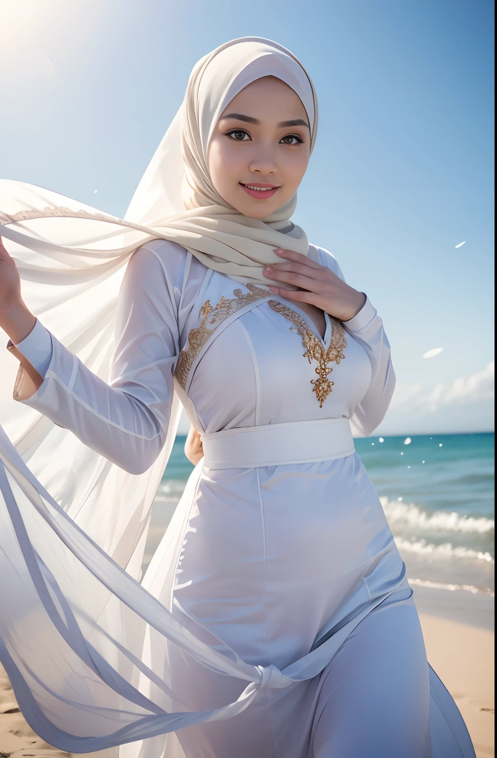 RAW, Best quality, high resolution, masterpiece: 1.3), beautiful Malay woman in hijab,Masterpiece, perfect slim fit body, (Huge breasts), big gorgeous eyes, Soft smile, RAW, Best quality, high resolution, masterpiece: 1.3), Beautiful Malay woman in hijab, Masterpiece, perfect slim body, big breasts, Best quality, 4K image quality, 1 Malay girl in hijab, white Hanfu, snow, long hijab fluttering in the wind , healing smile, big opening, blurred background, beach background, morning lighting