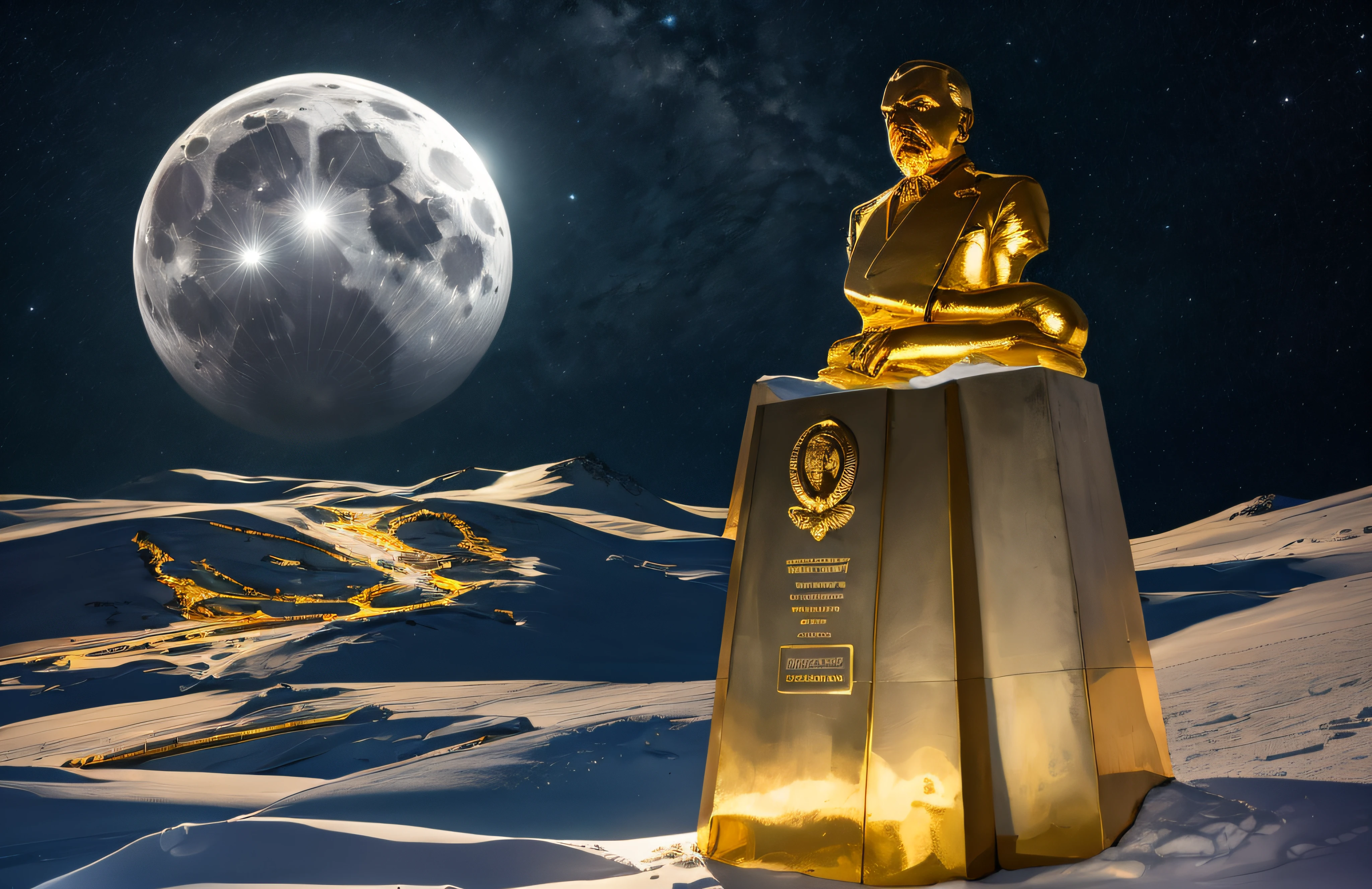 lenin's statue made of solid 24 carat gold, glistening in the polar moonlight