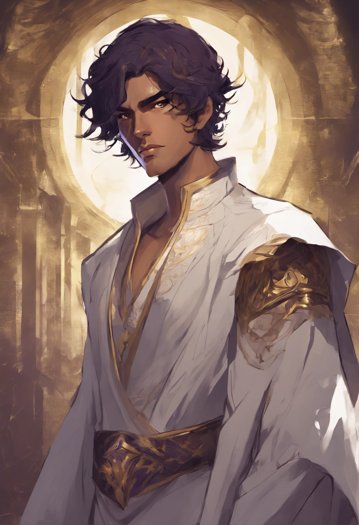 male, 20s, olive brown skin, wavy short dark violet hair, golden eyes, white fantasy robes, scarred face, handsome
