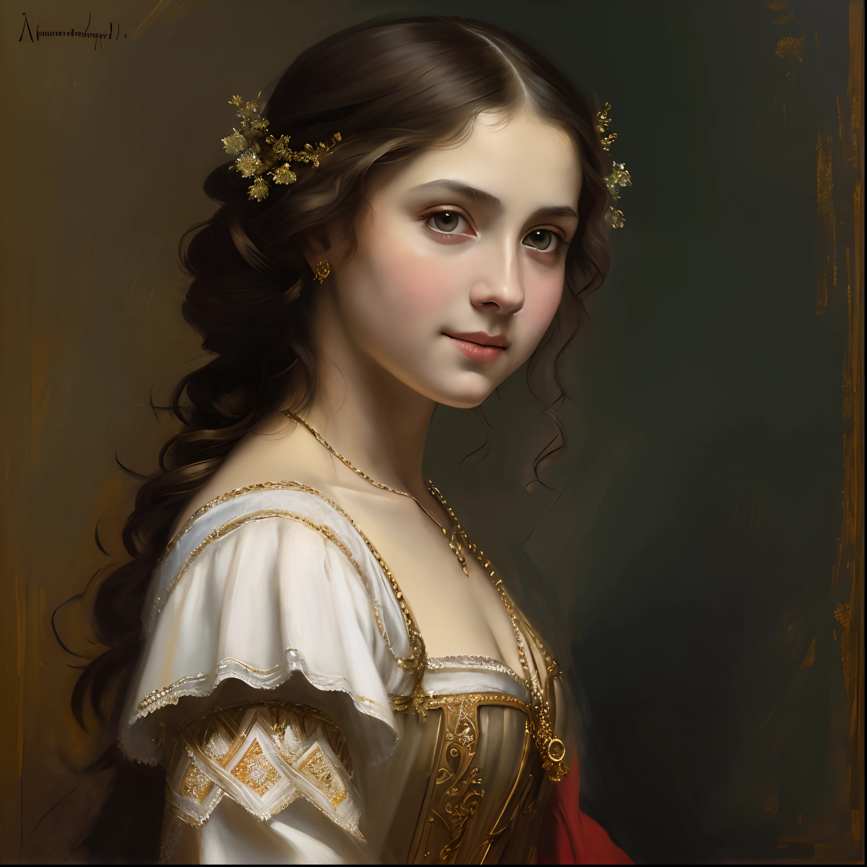 Masterpiece, portrait, girl, middle ages, classicism, andrey atroshenko style, painting, traditional media, realistic, figurative, fine art, detailed Art, oil on canvas, HDR, 8K, original character, high resolution, high detail, focus on the face, intricate, flawless