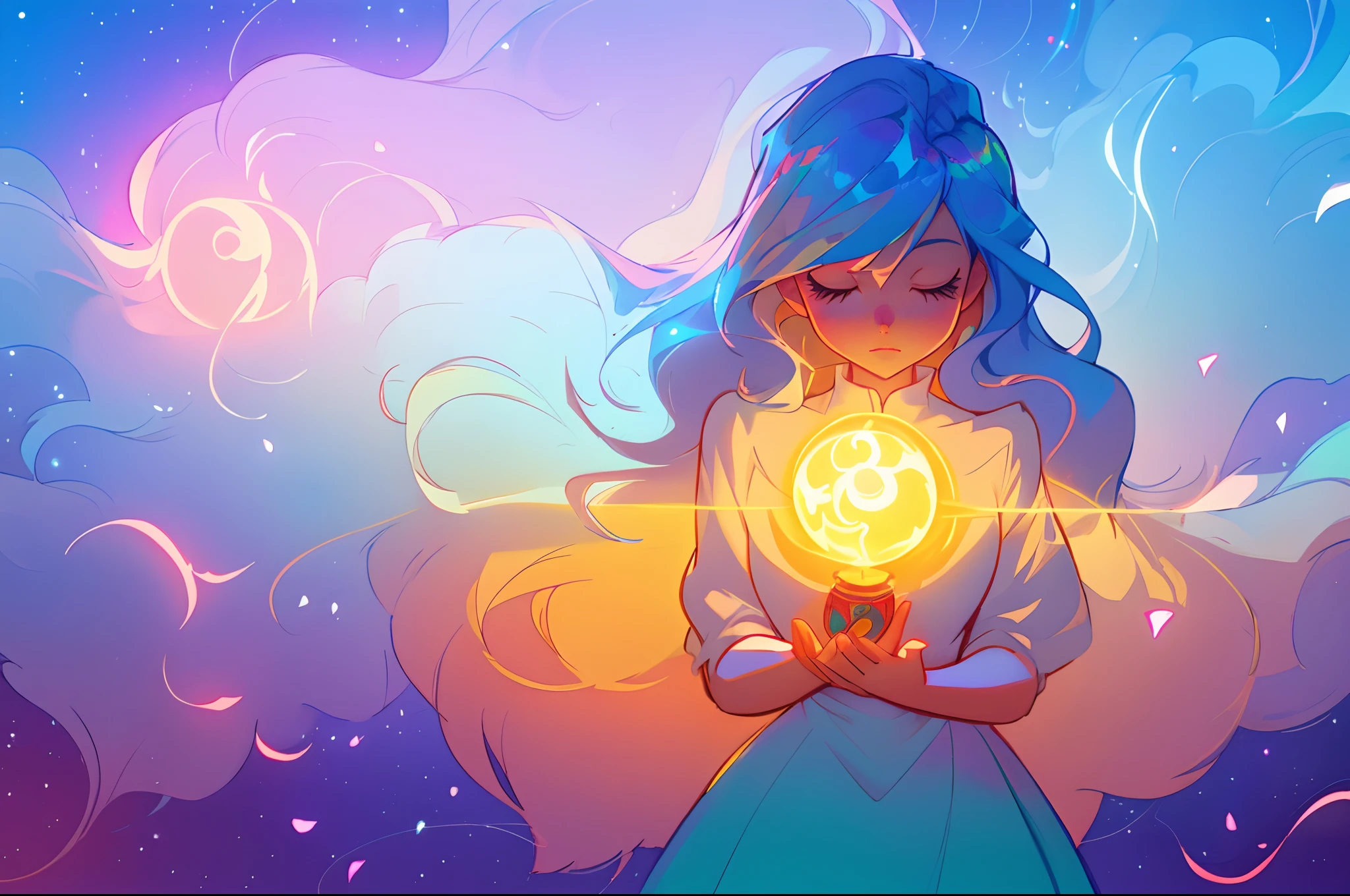 anime, a girl with long hair, in a white dress, holding a sphere of light, long glowing ethereal hair, glowing flowing hair, flowing glowing hair, anime girl with cosmic hair, beautiful young wind spirit, long glowing hair, beautiful anime art style, beautiful digital illustration, ethereal anime, a beautiful artwork illustration, blonde anime girl with long hair, inspired by Glen Keane, inspired by Lois van Baarle, disney art style, by Lois van Baarle, glowing aura around her, by Glen Keane, jen bartel, glowing lights